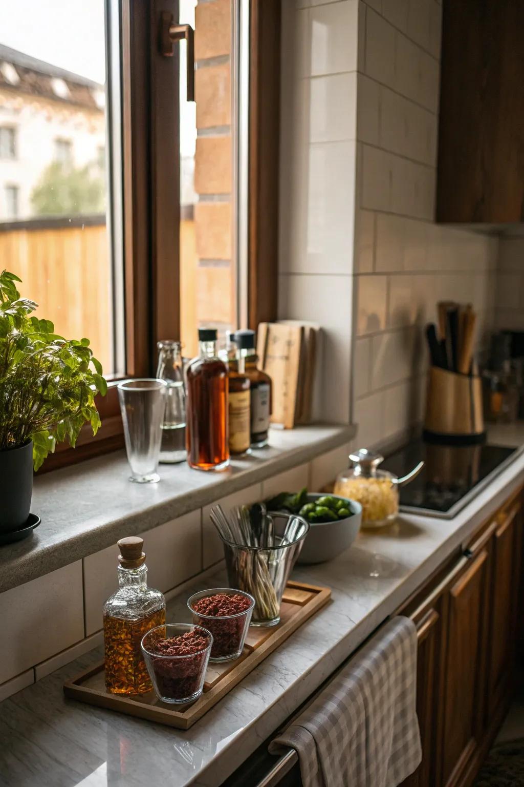 A kitchen bar setup along a windowsill with natural light.