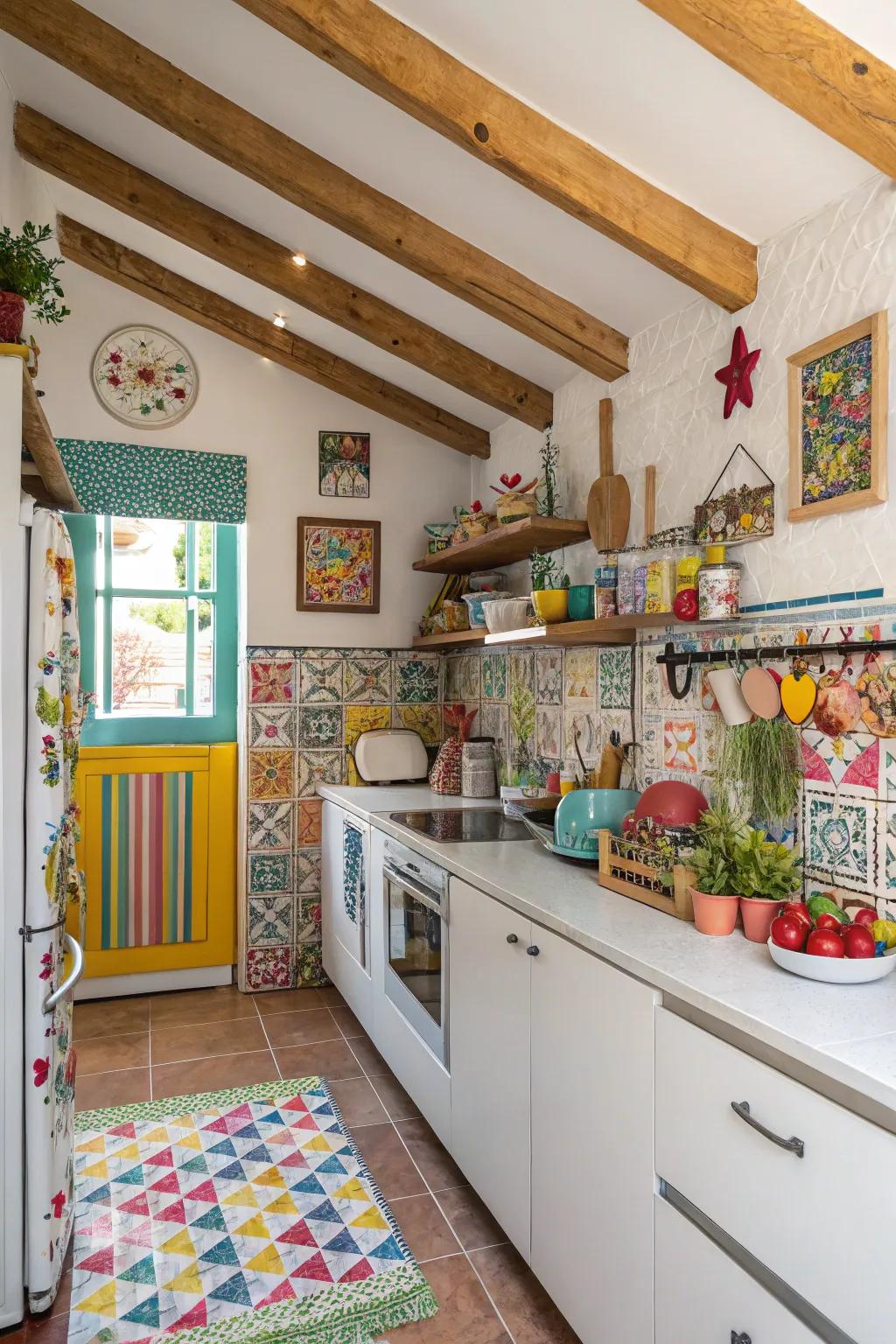Painted beams introduce a playful pop of color to small kitchens.
