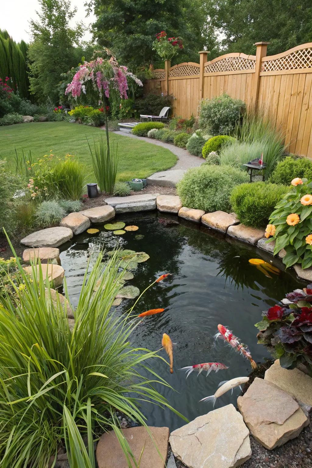 A lush plant surround makes this koi pond look even more natural.