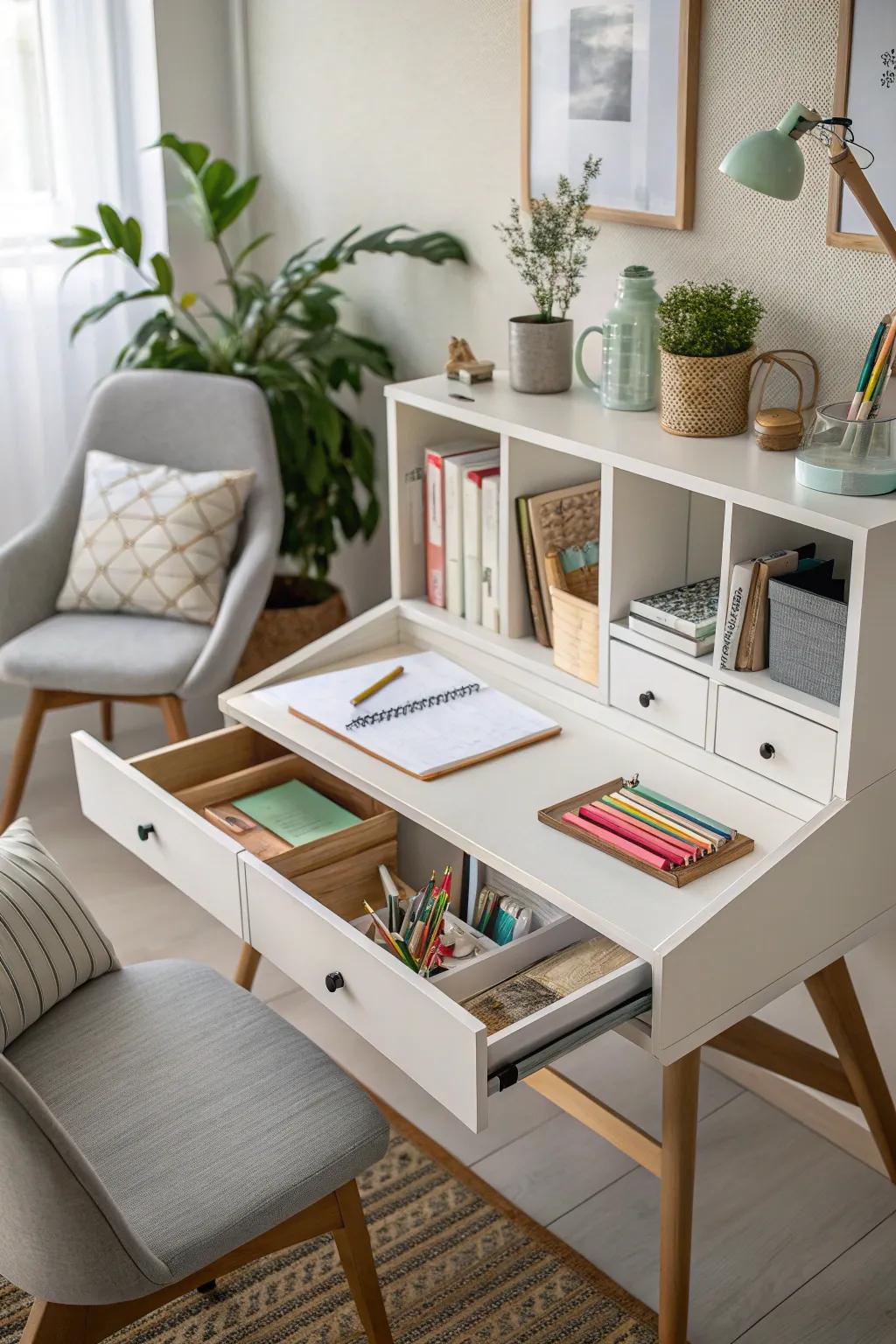 Hidden storage solutions keep your workspace tidy and efficient.