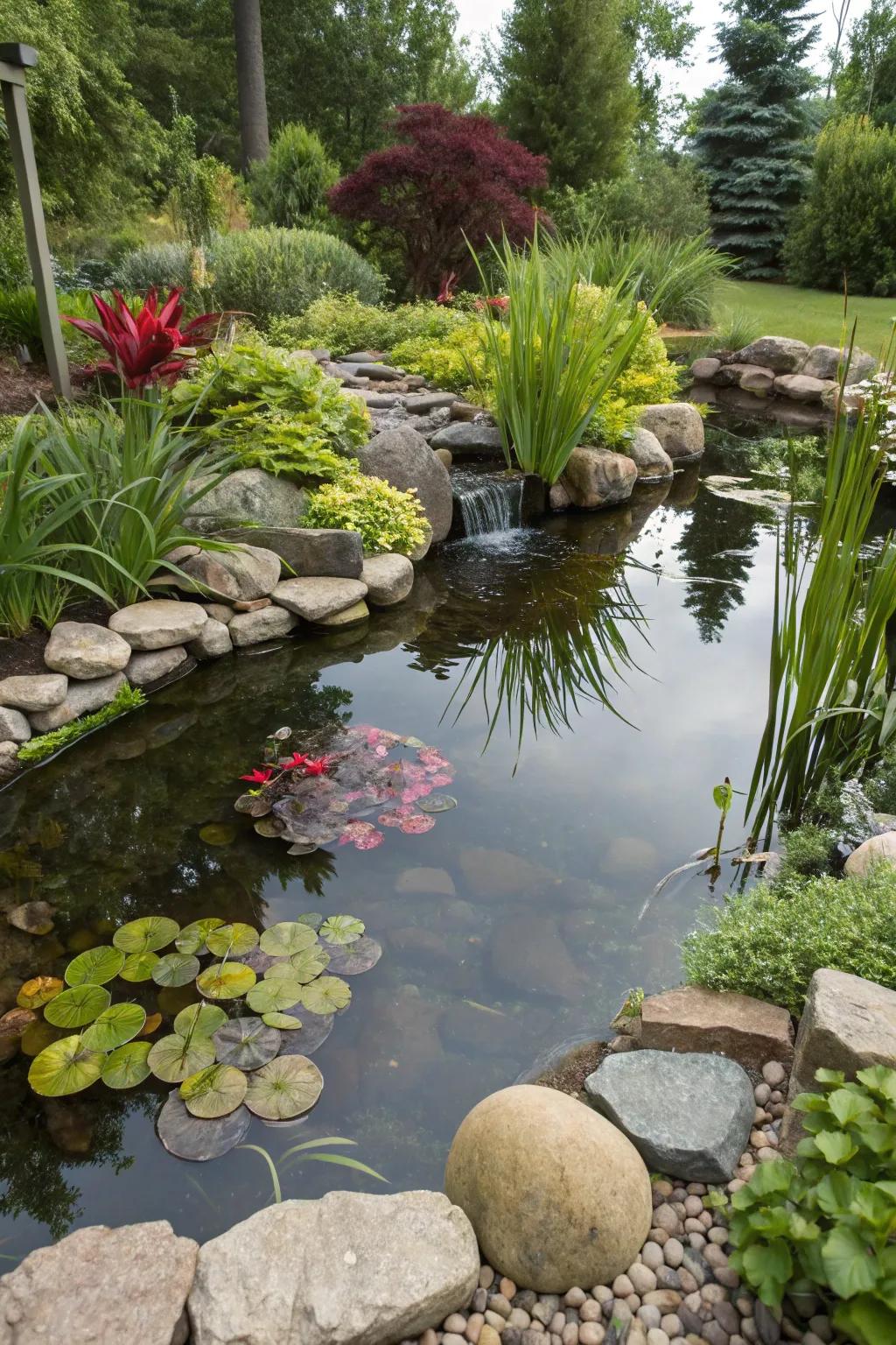 Bright hues infuse a small pond arrangement with vibrancy and life.