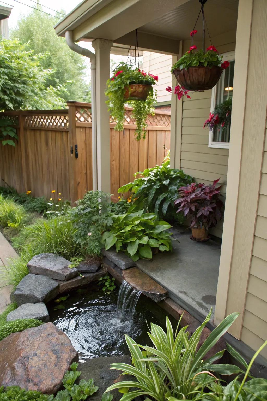 A small water feature adds a serene ambiance.