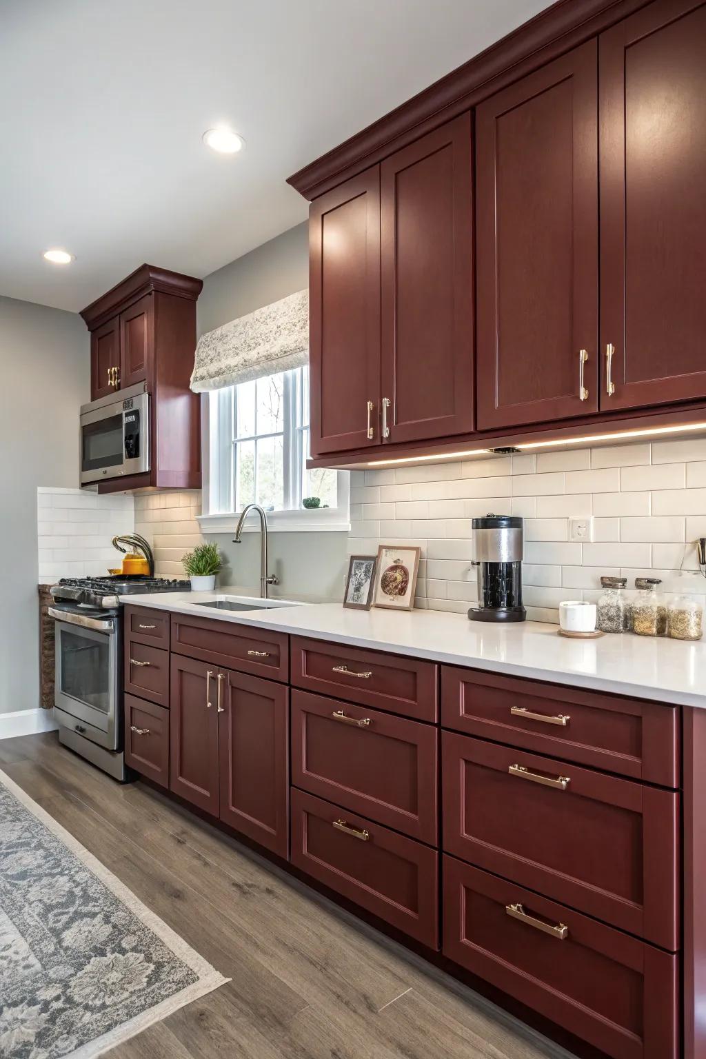 Sophisticated culinary space with vinous rouge cabinets and pale muted surfaces.