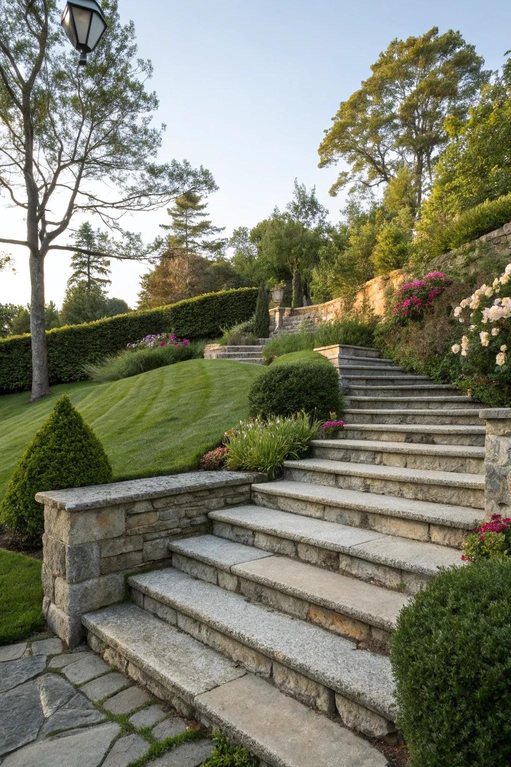 Functional and stylish rock steps on a garden incline.