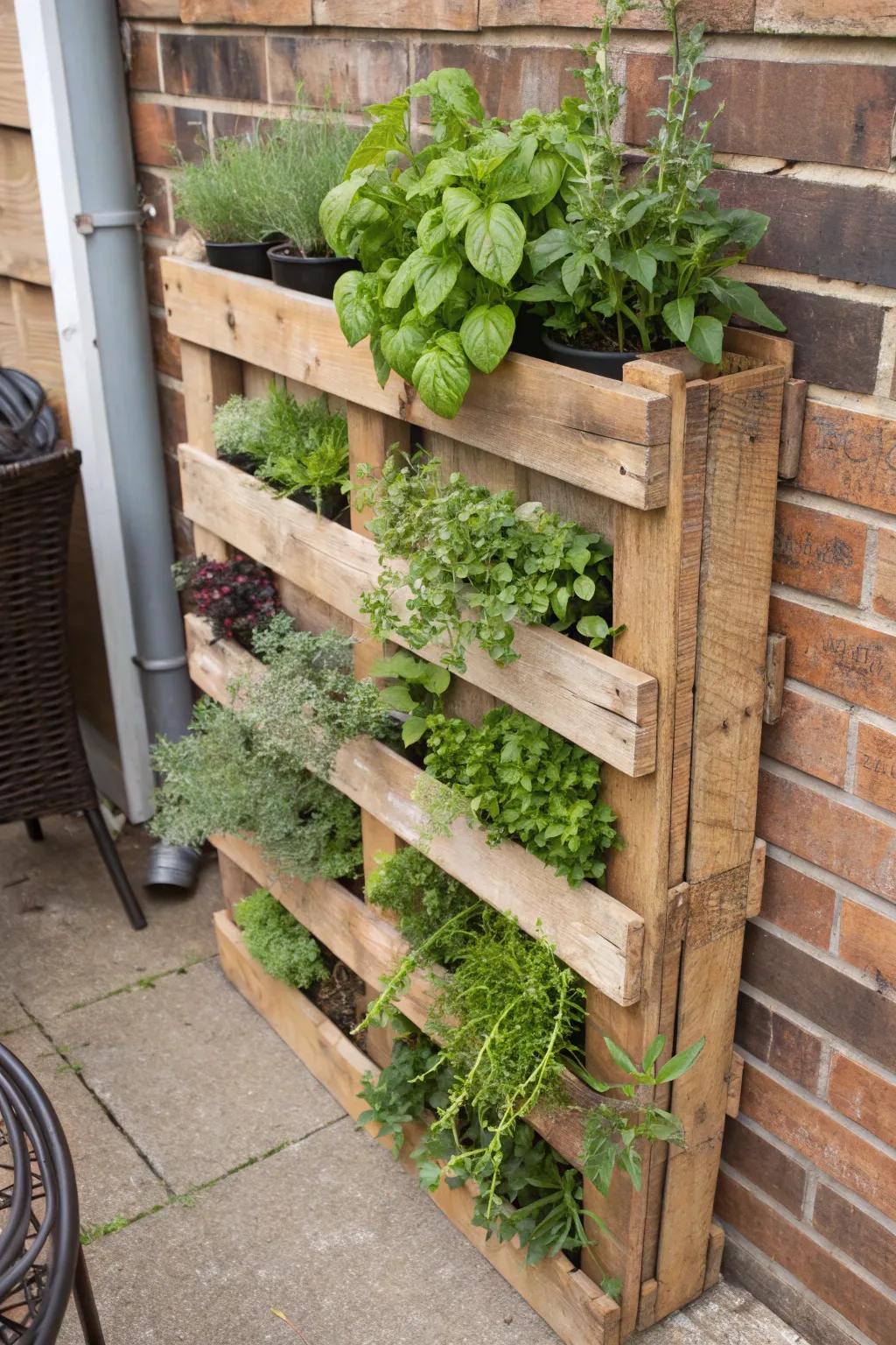 Pallet gardens furnish a rustic and inventive planting solution.