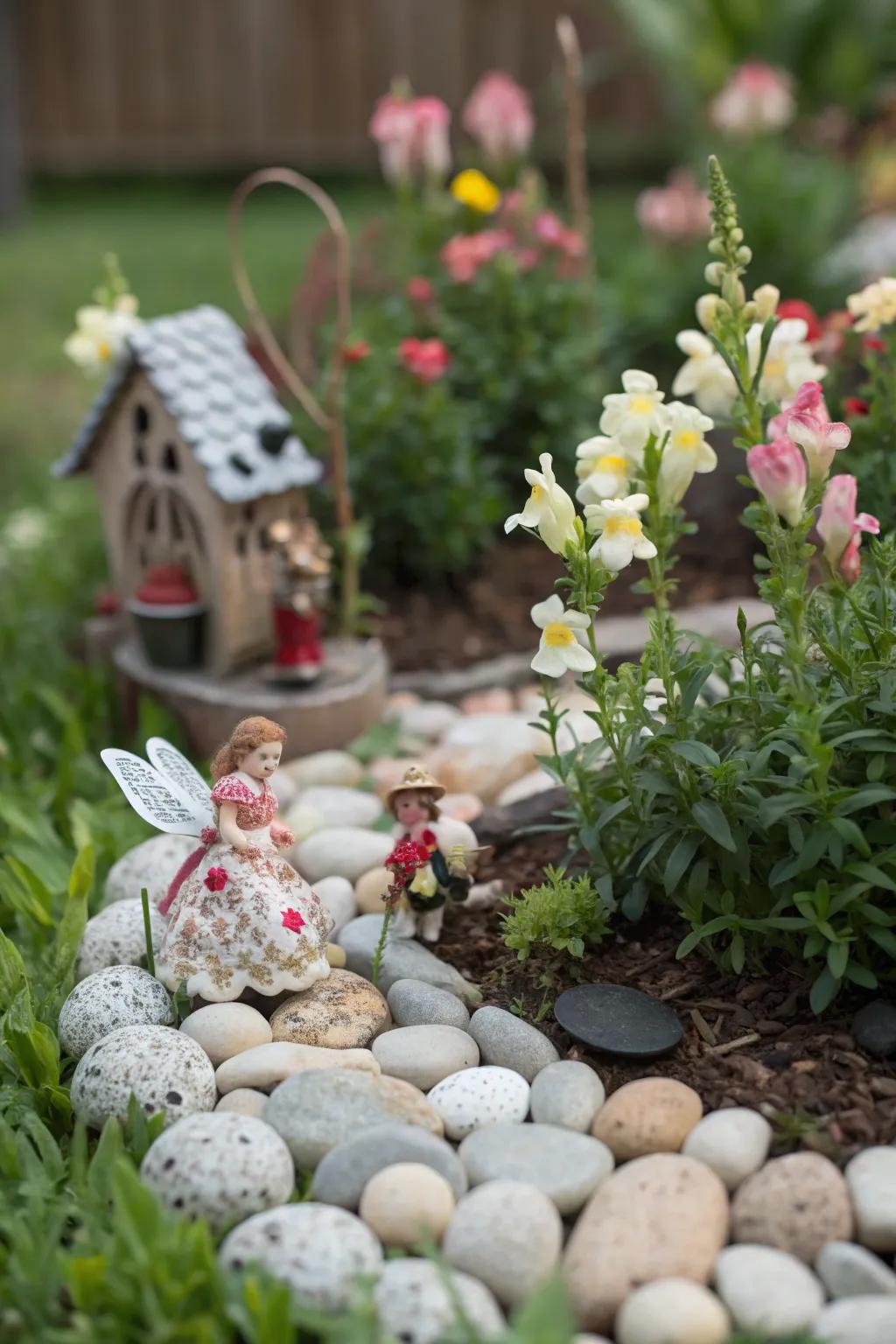 Snapdragons add a whimsical touch to a fairy garden setting.