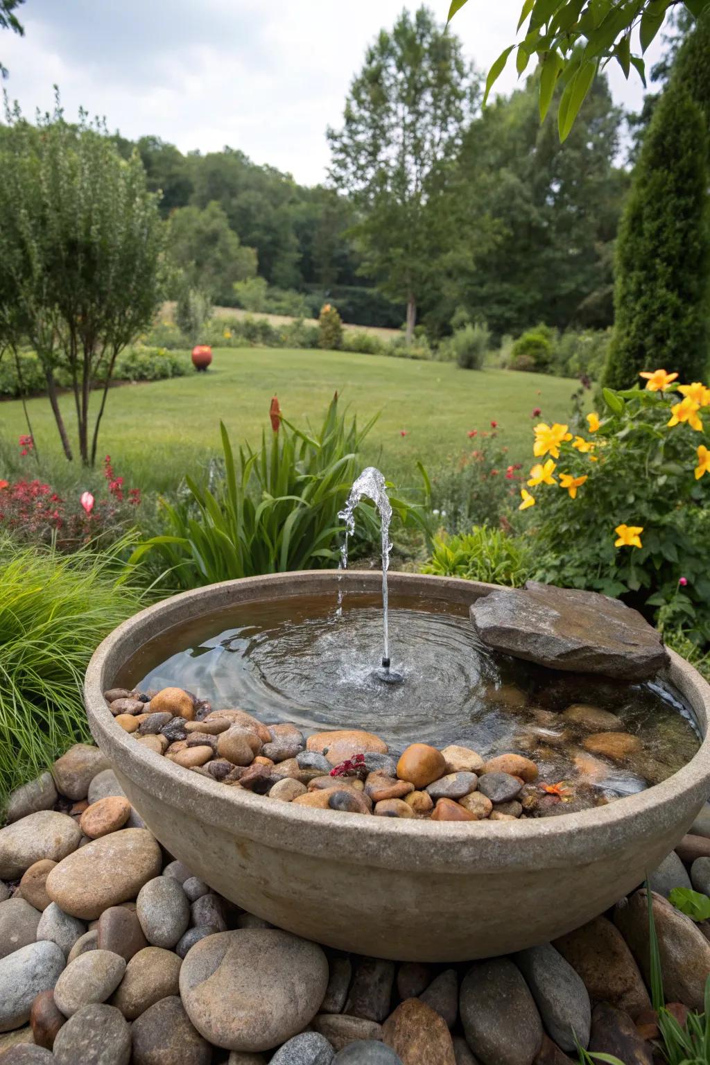 A natural-looking solar fountain nestled within a pebble-laden basin.