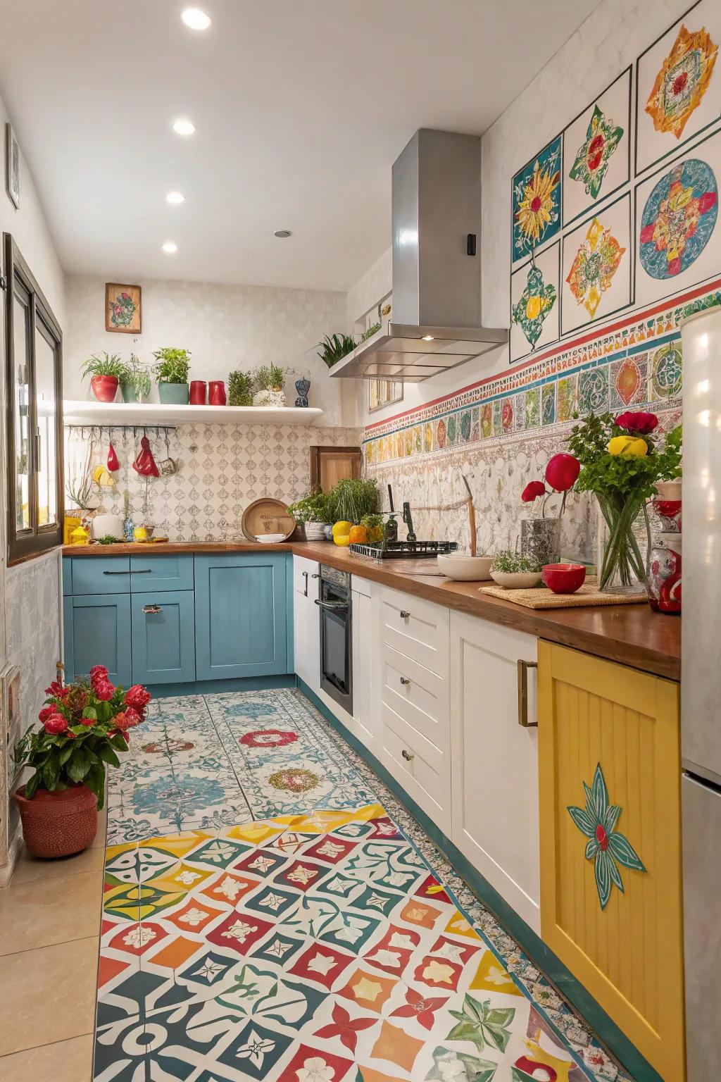 Bold patterns create a striking visual impact in the kitchen.