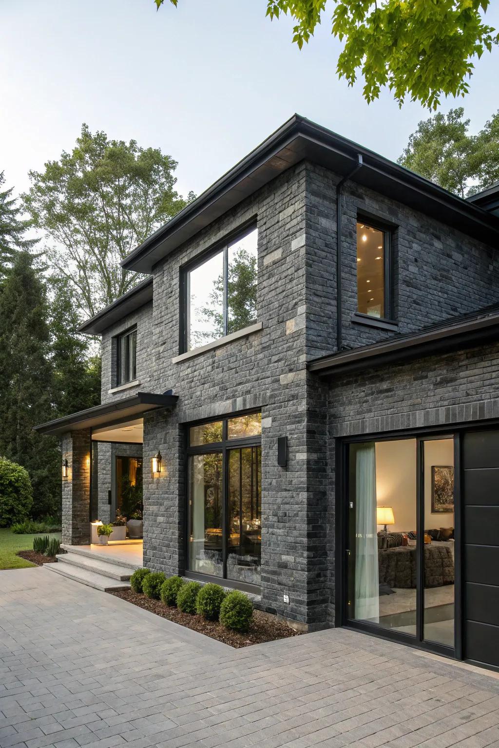 Sleek modernity with black brick and grey stone.