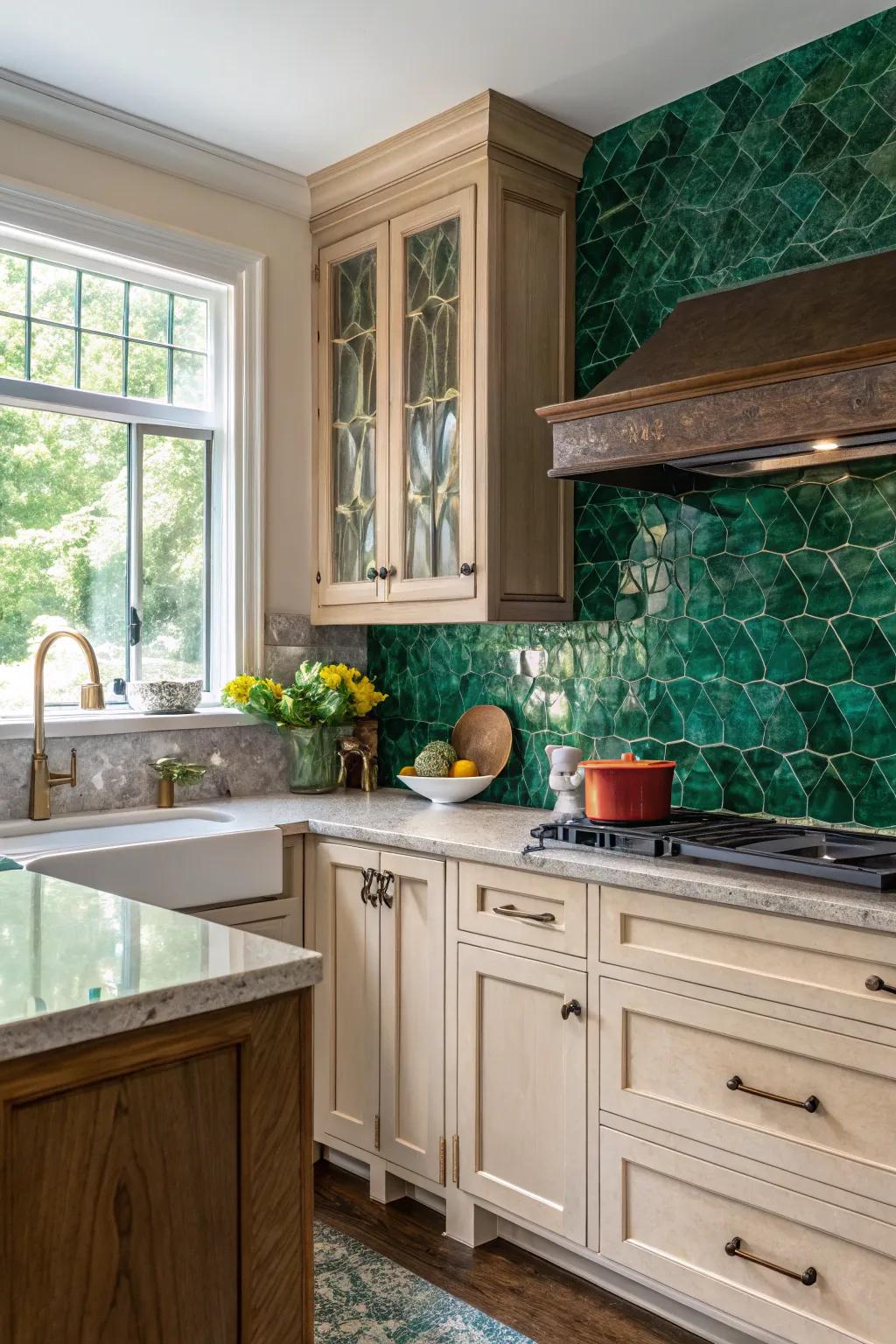 Deep emerald stone creates a standout feature in this kitchen.