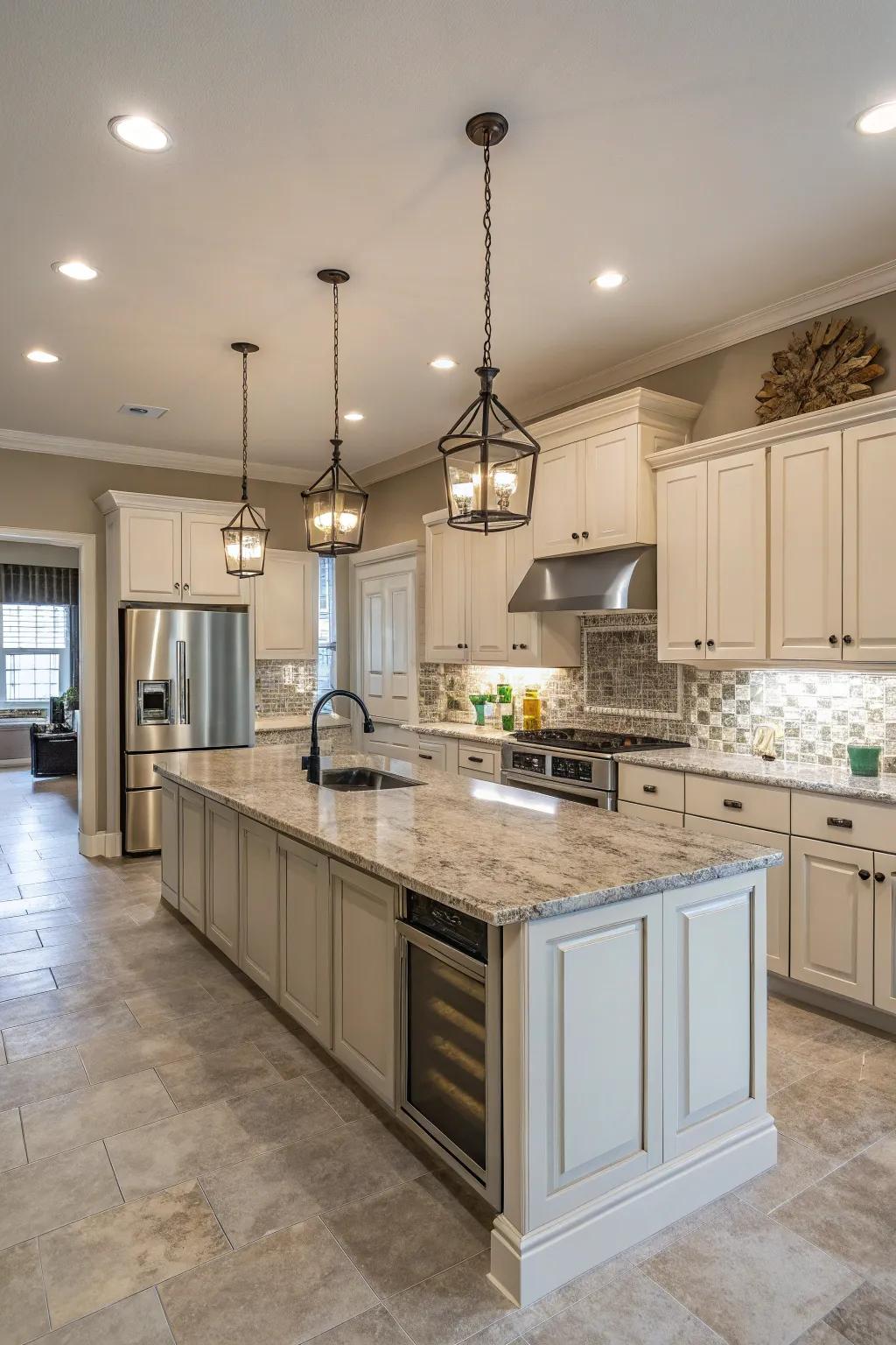 A kitchen layout with a stone island that achieves symmetry and balance.