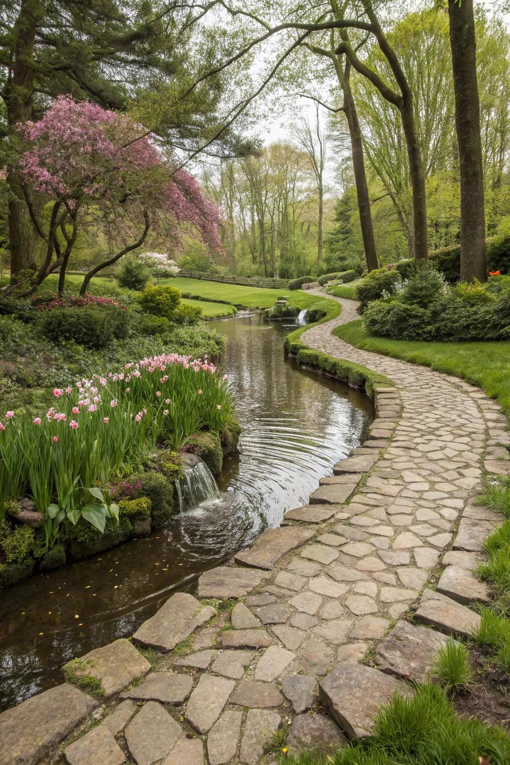 A water element contributes serenity and beauty to your stone path.
