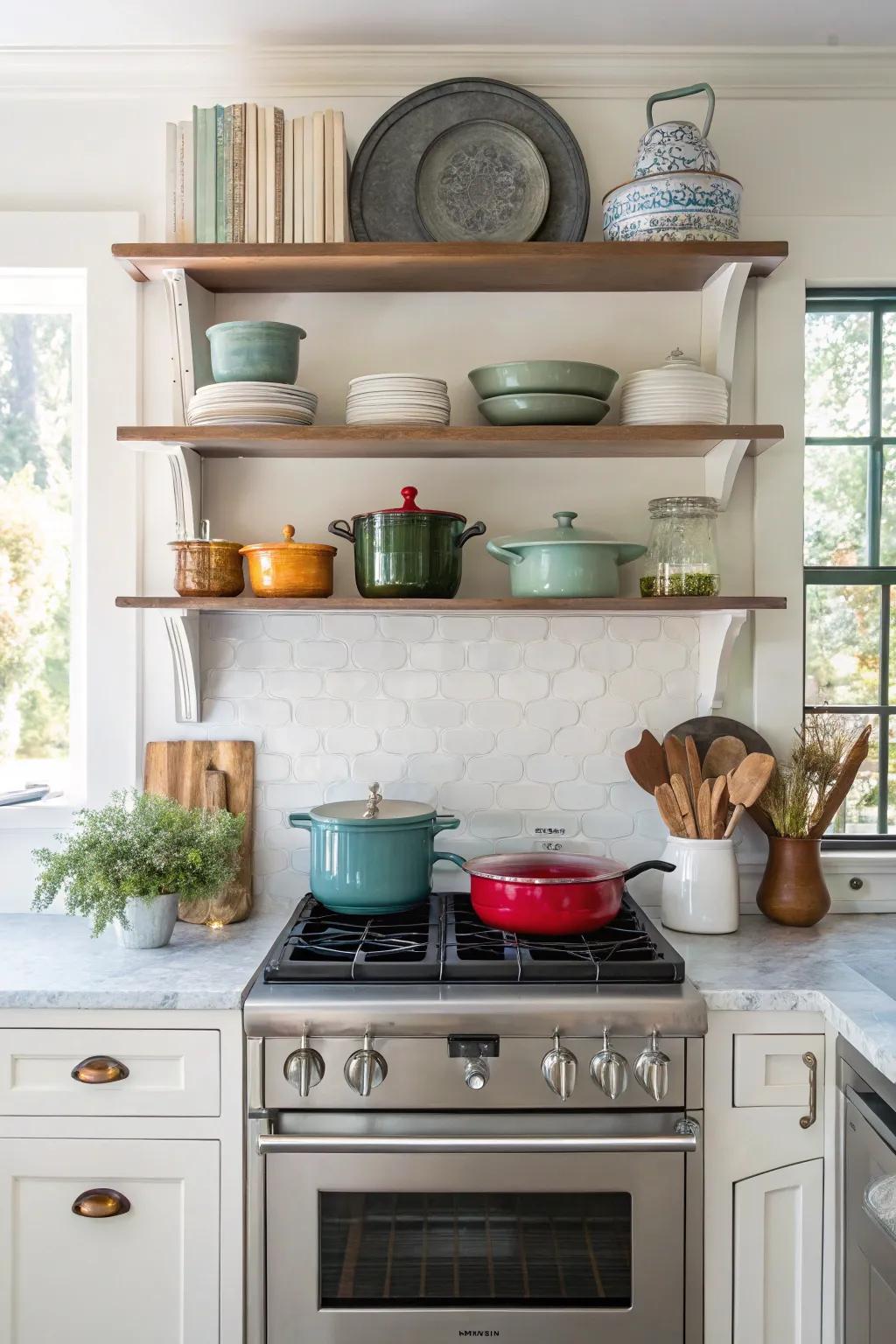 A sophisticated stove alcove with open shelving, perfect for displaying stylish kitchen items.