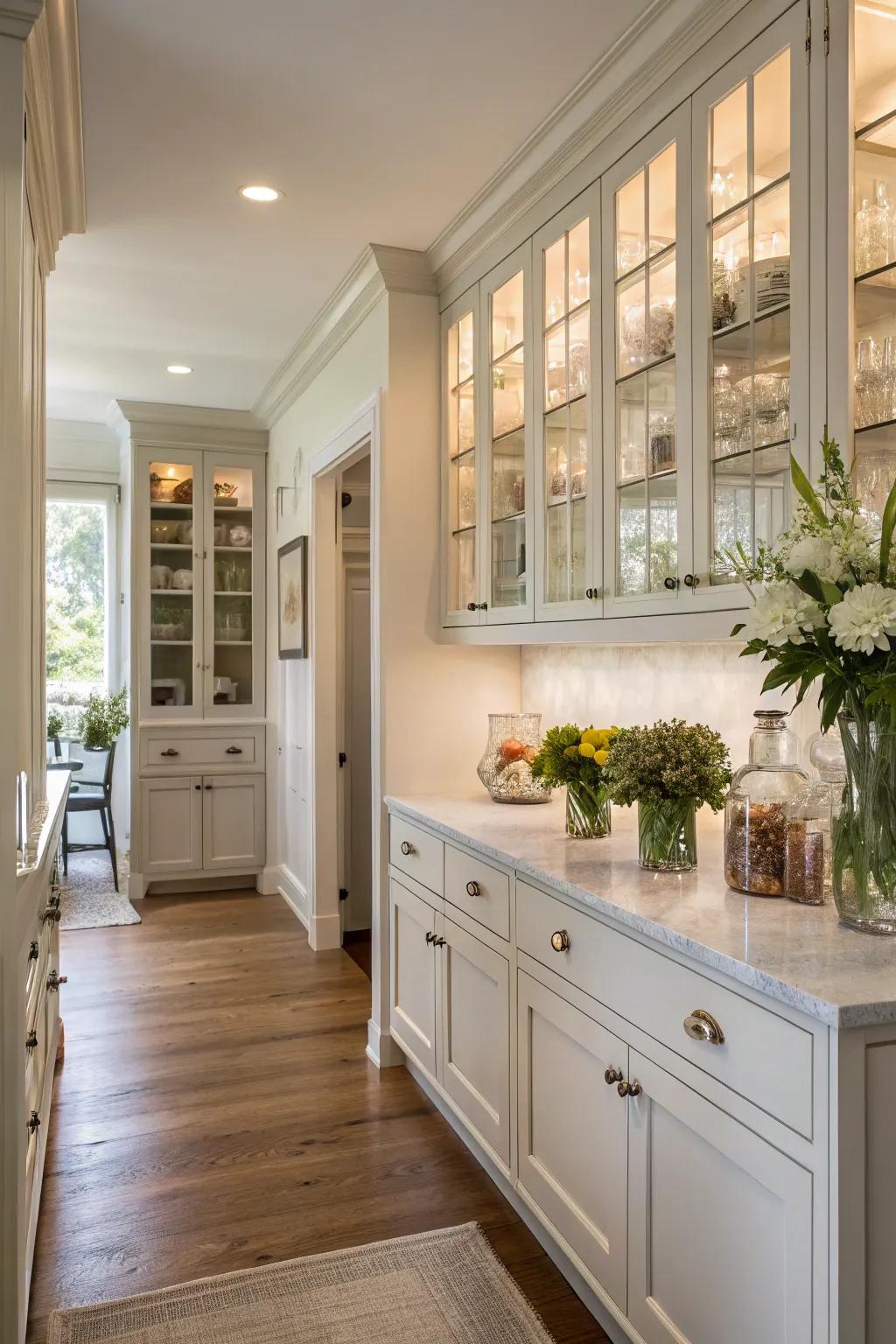Glass elements contribute to an airy, spacious kitchen design.