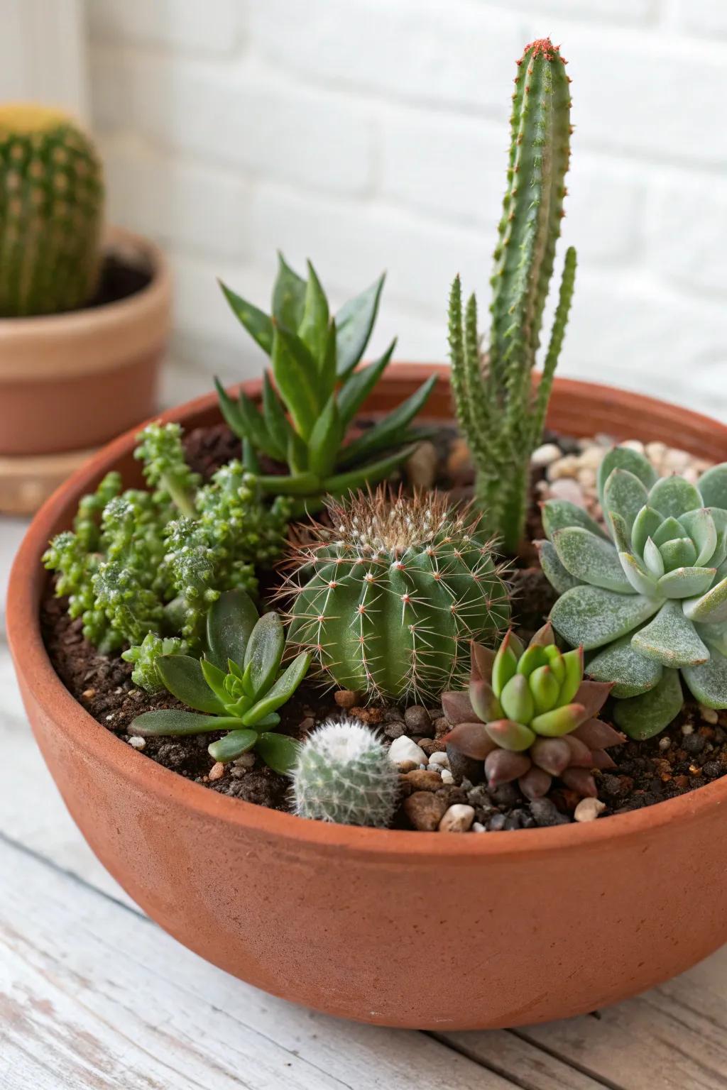 Succulents and thorny plants come together for a dynamic display.