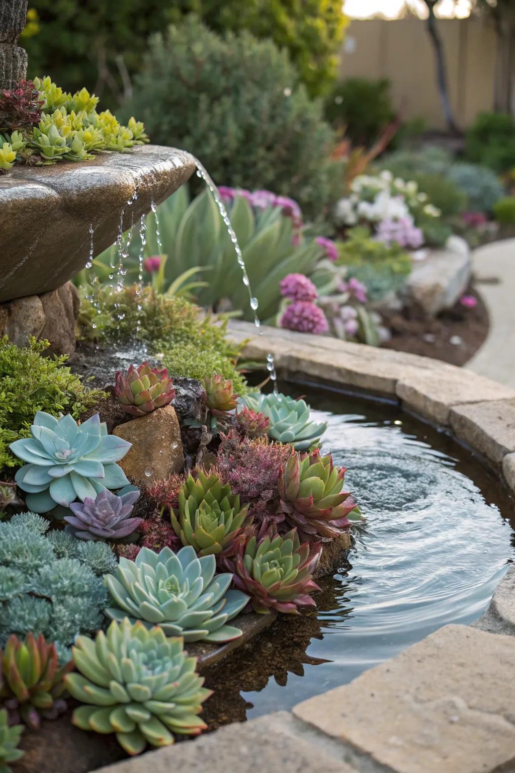A tranquil garden water feature surrounded by lush succulents.