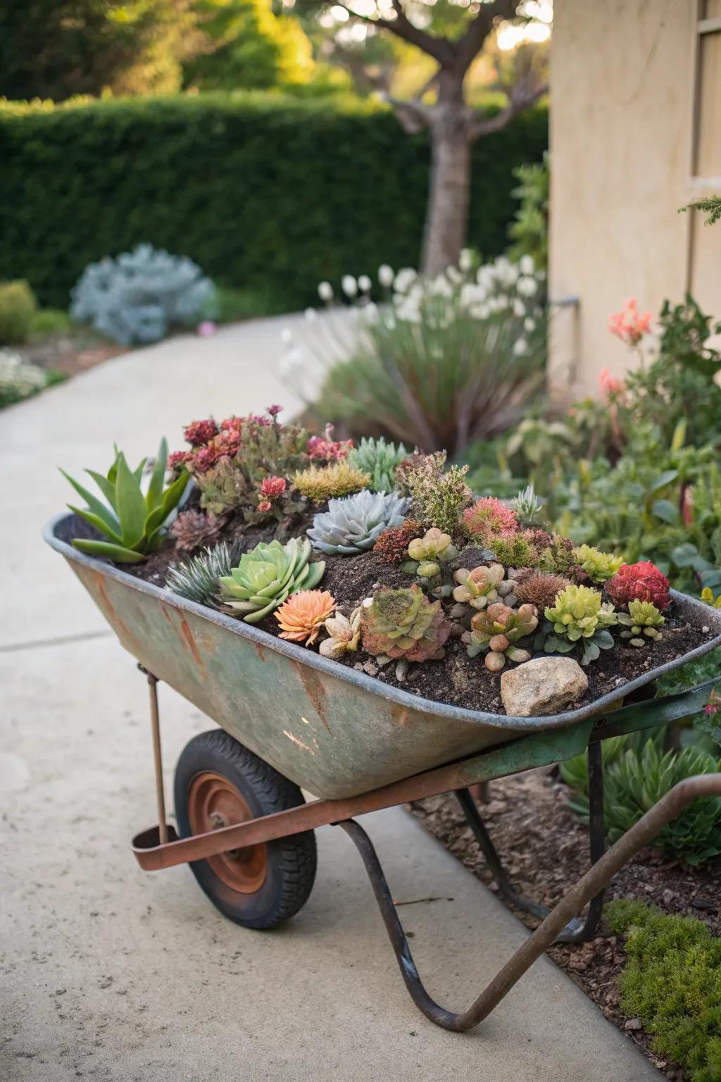 A wheelbarrow planter adds rustic charm and whimsy to the garden.