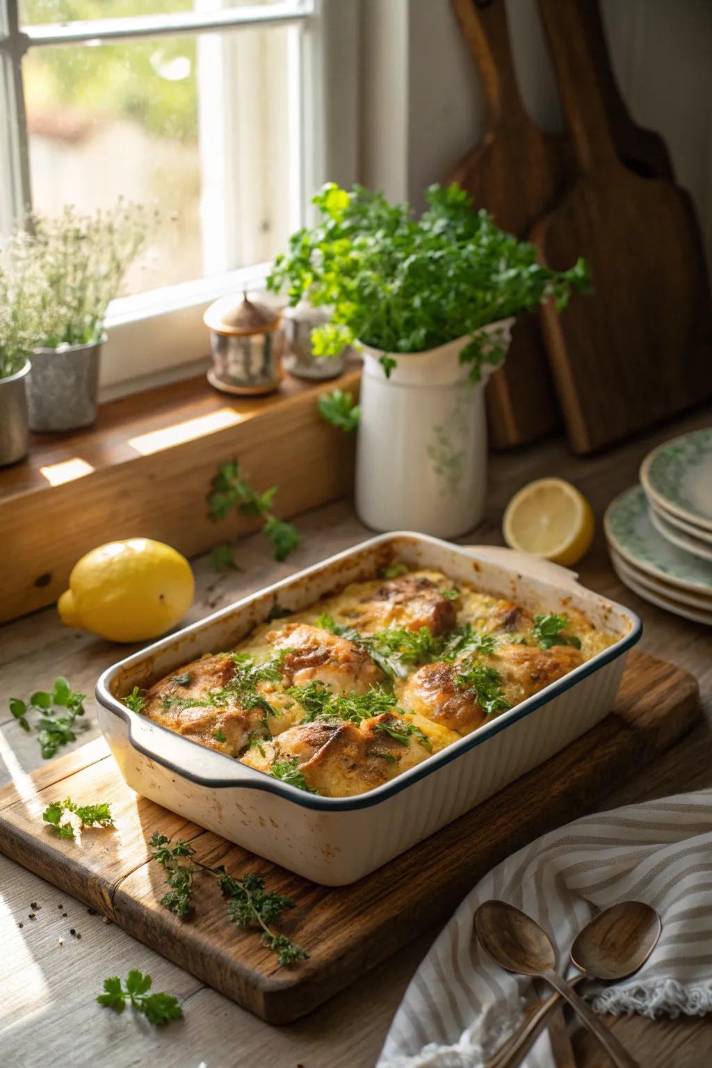 Zesty citrus and herb chicken oven-baked dish, a refreshing Sunday treat.