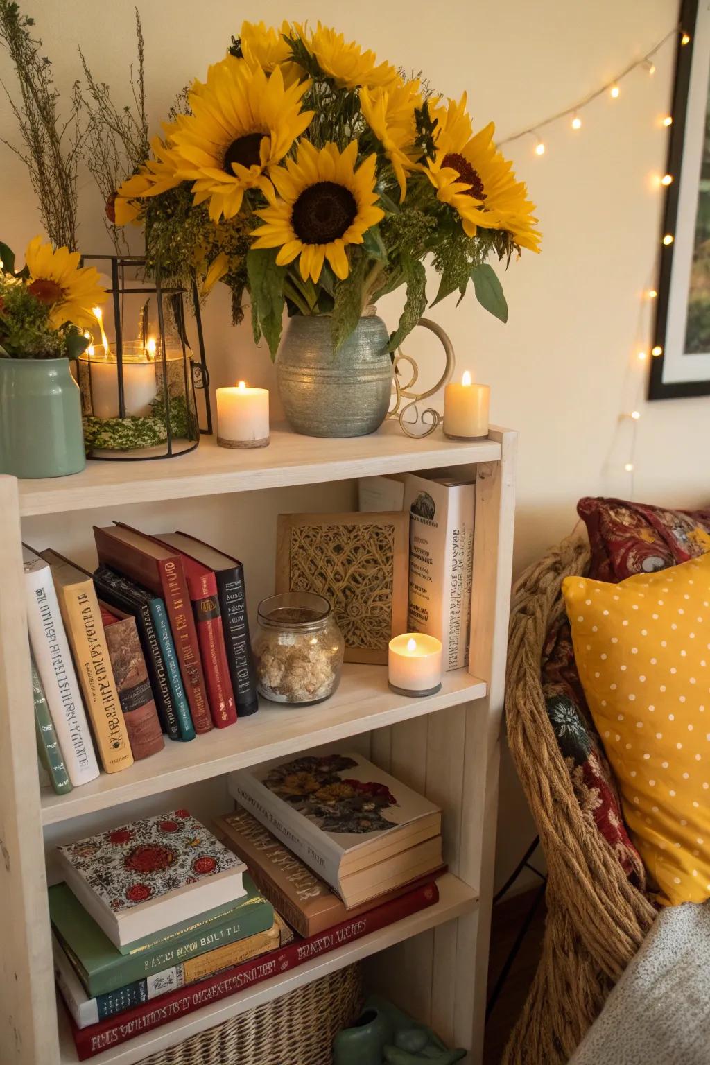 Add joy to your space with sunflowers on a shelf.