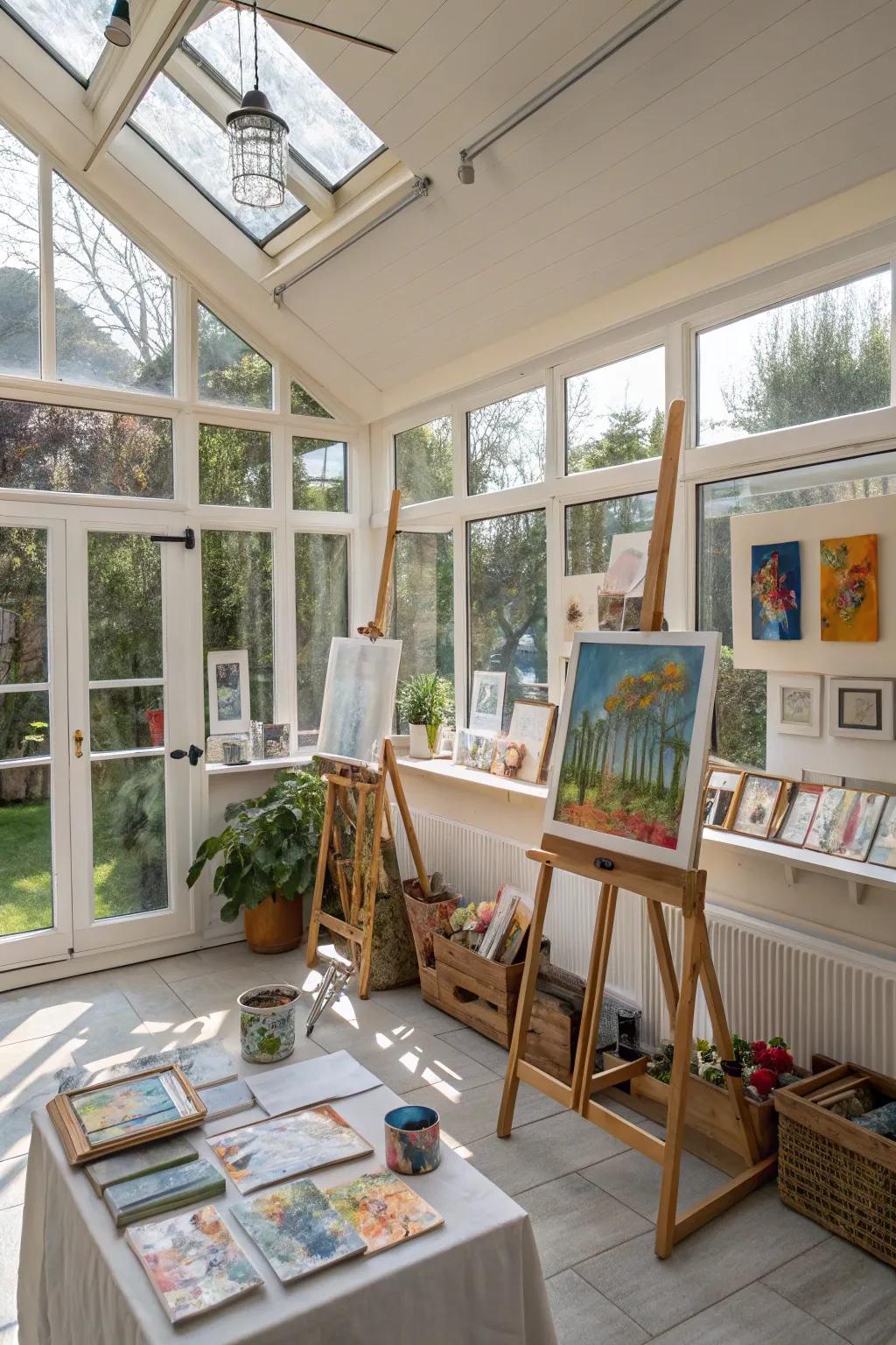 A sunroom converted into an artist's studio with lots of natural light.