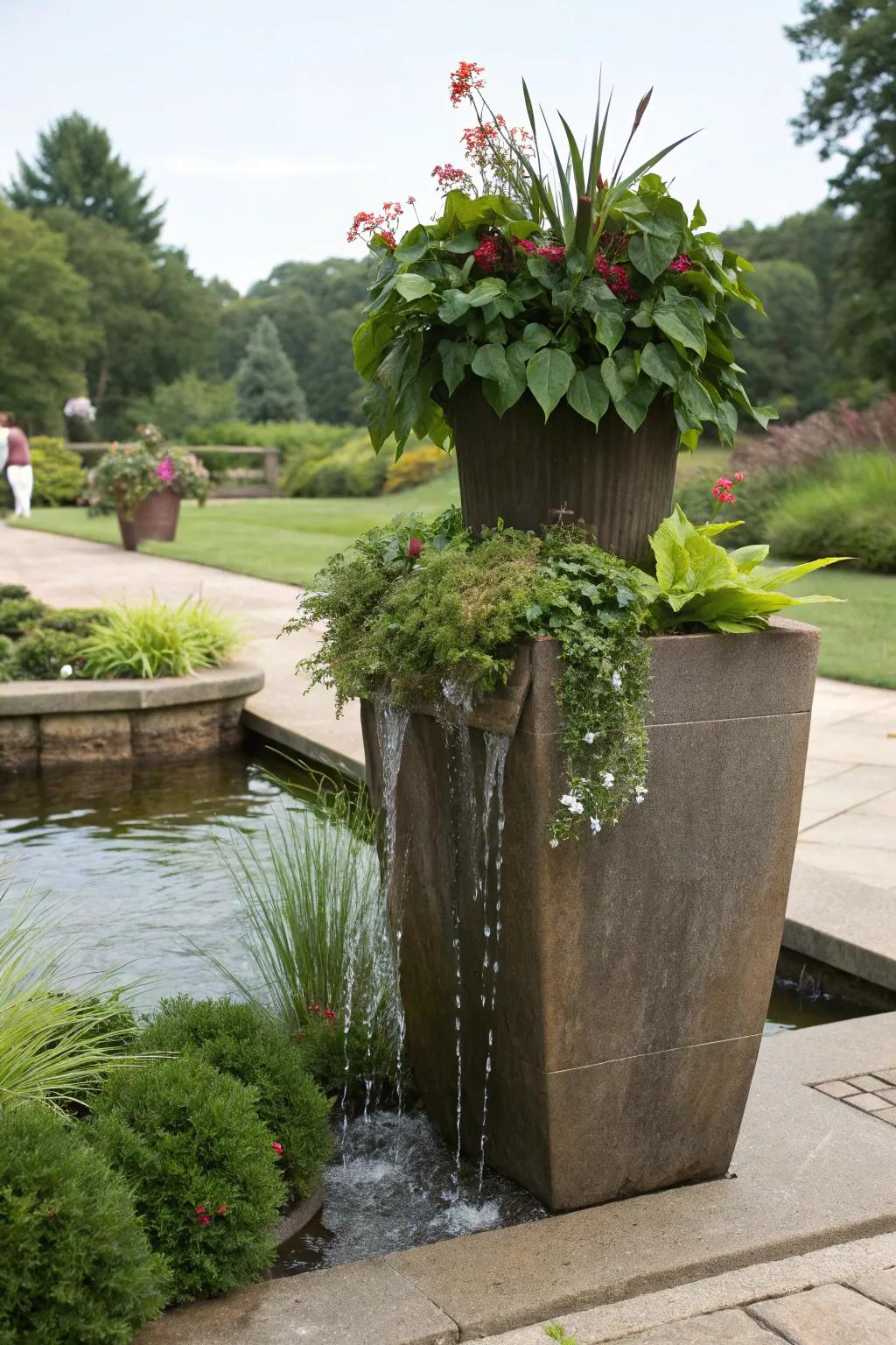 Incorporate tranquility into your area through planters featuring water elements.