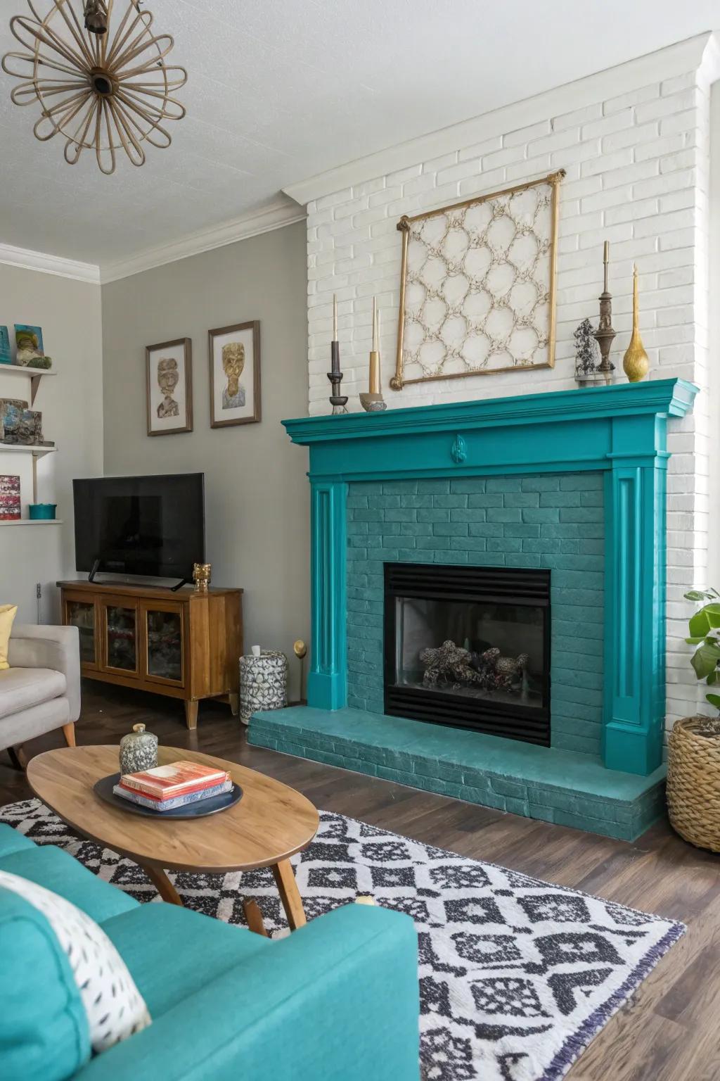 An unexpected teal fireplace creates a stunning focal point in this living space.
