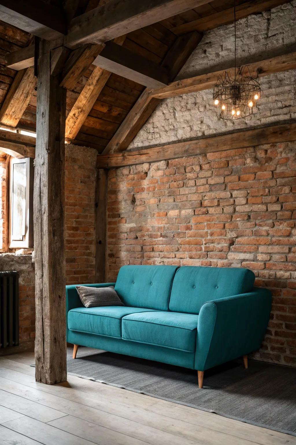 Rustic elements add warmth and texture to a teal sofa setting.