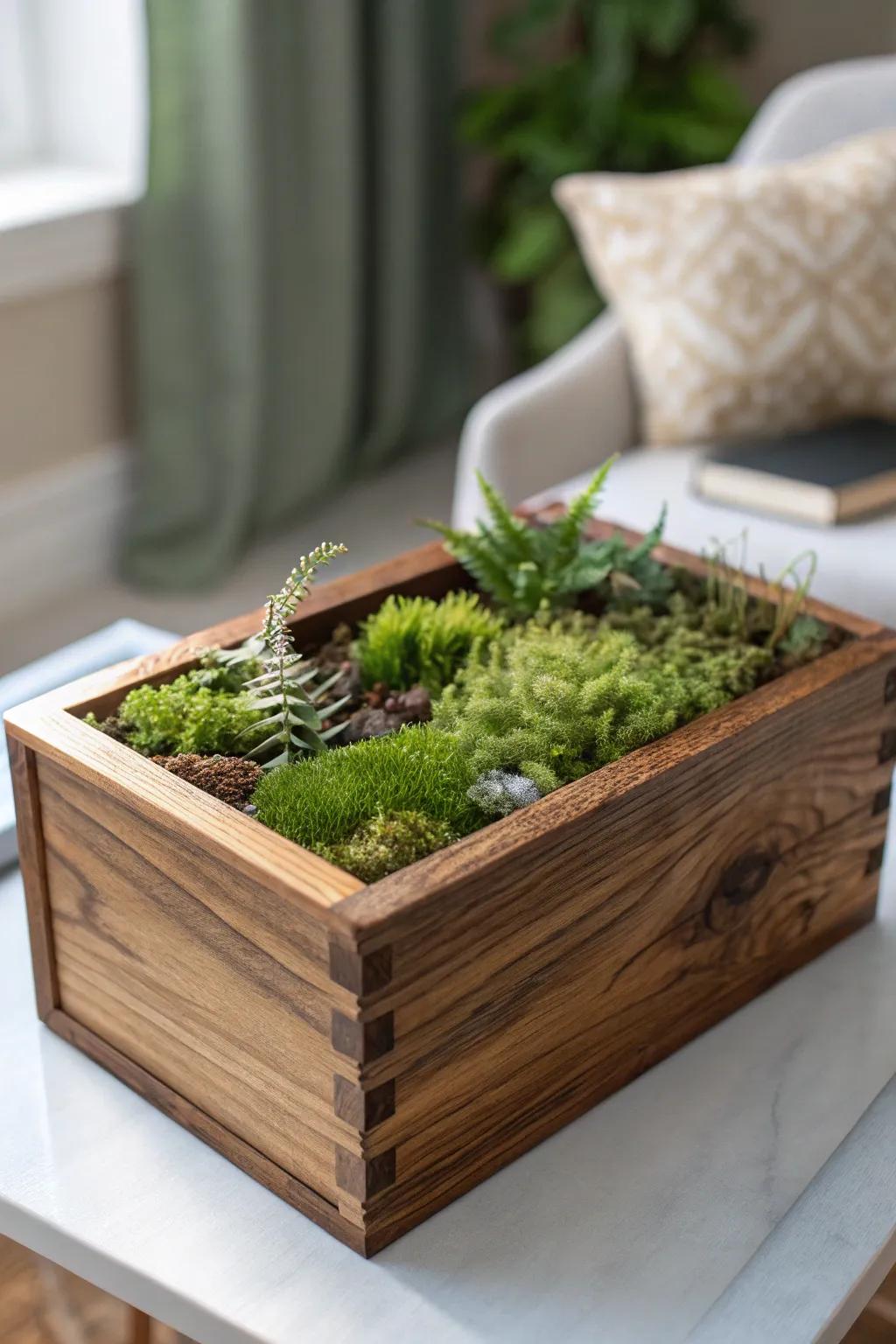 Embrace rustic elegance with this stunning wood box terrarium, perfect for adding a touch of nature to your minimalist space.