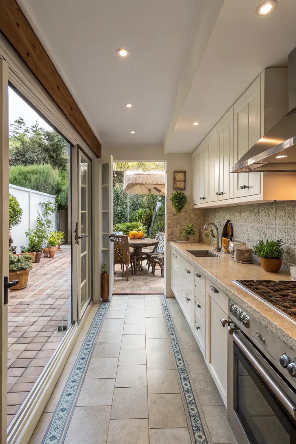 Tile countertops seamlessly blend indoor and outdoor areas.