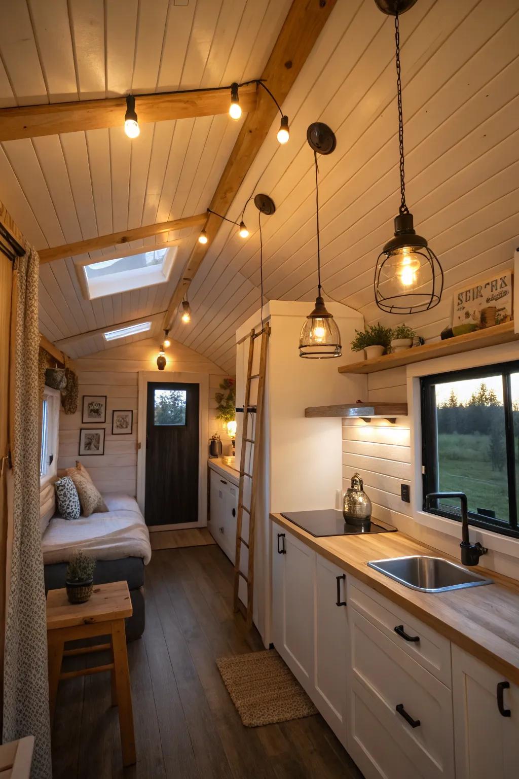 Innovative lighting solutions enhance tiny home interiors.