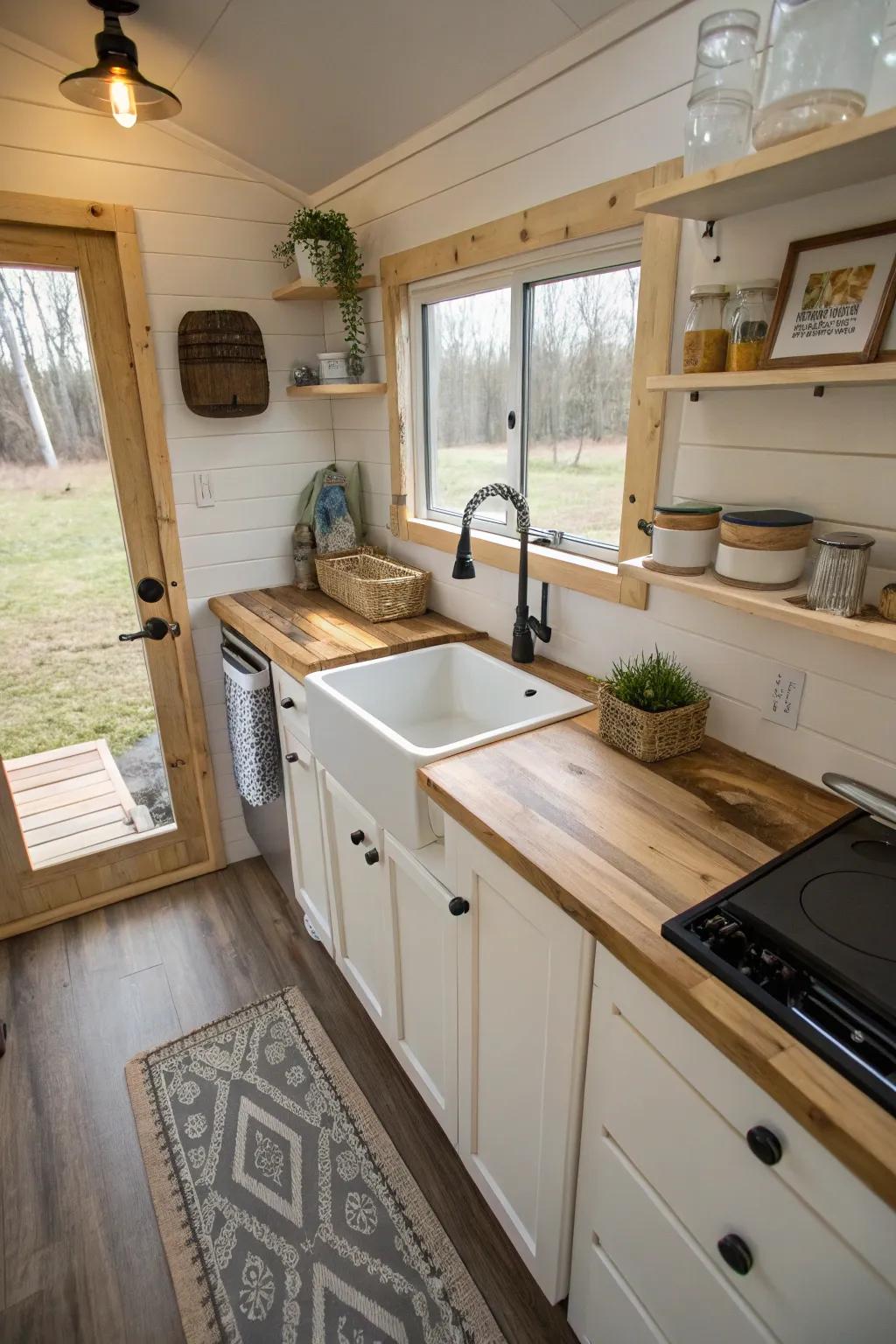 A bespoke DIY sink providing a unique touch in a tiny house kitchen.