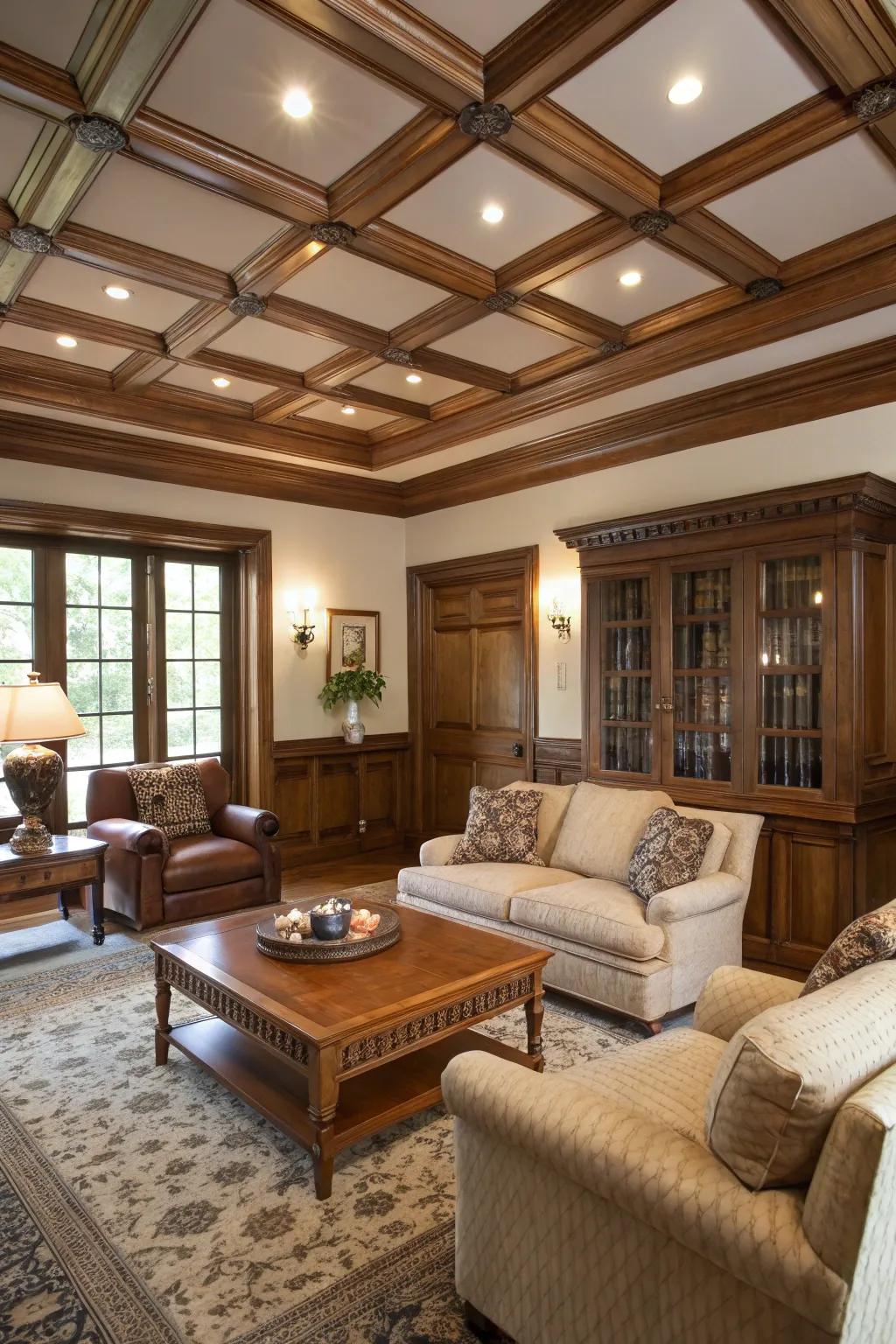 Coffered ceilings contribute sophistication to this traditional family room.