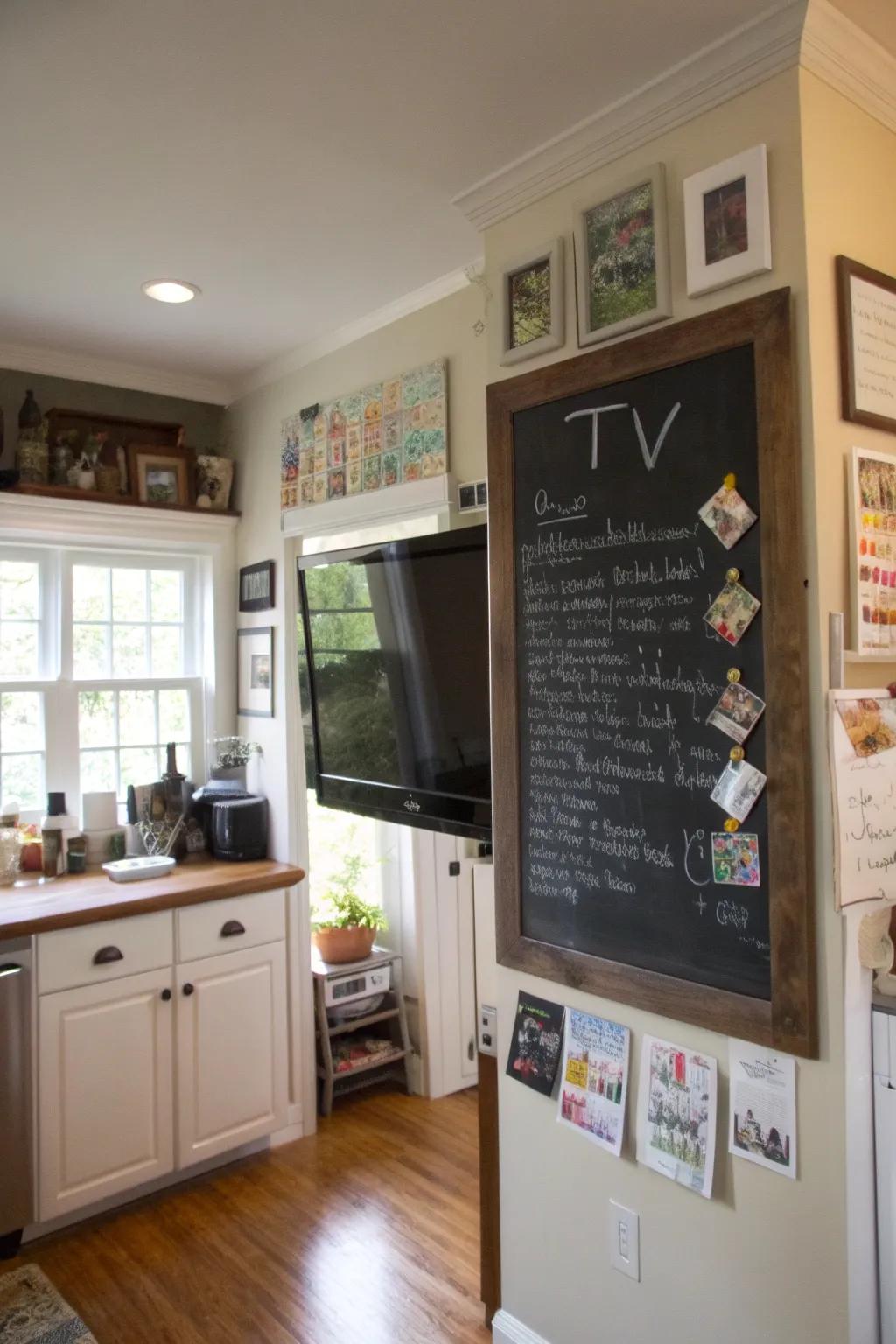 A TV framed with a chalkboard in the cooking space, which adds practicality and creativity.