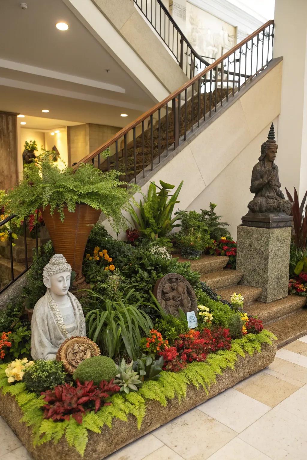 An artistic display transforming the space under the stairs.