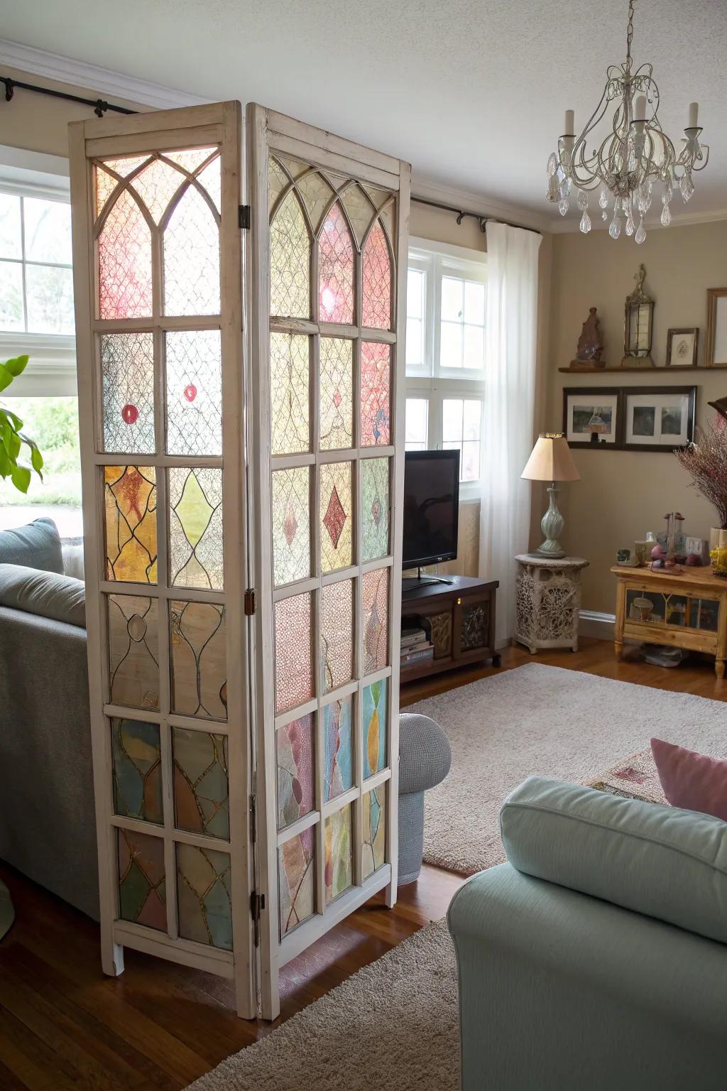 Old windows creatively repurposed into a decorative screen.