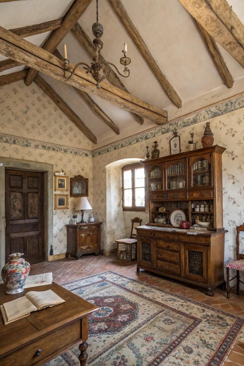 Timeless charm with weathered beams on a vaulted ceiling.
