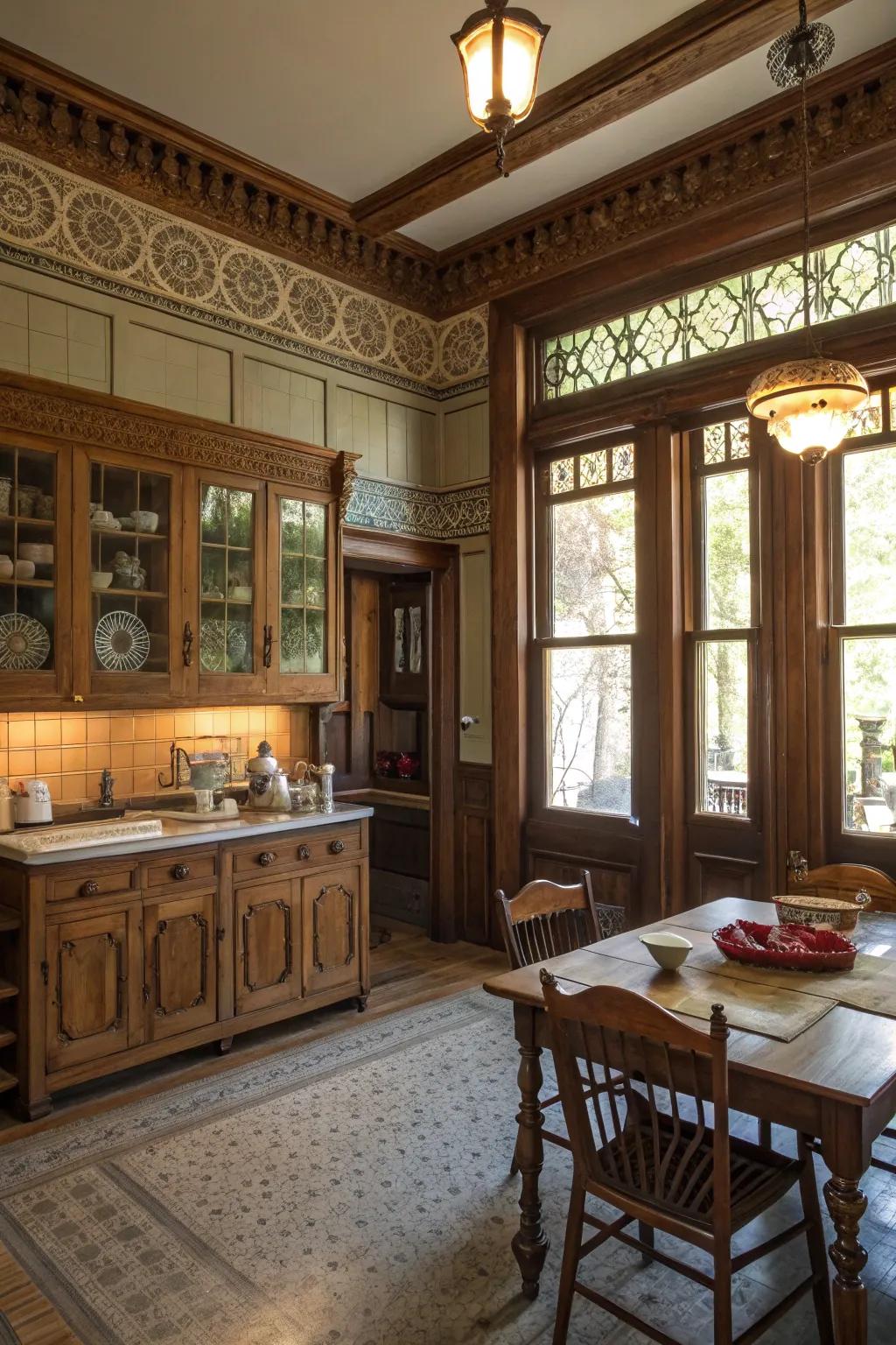 Ornamental molding and trim add architectural interest to Victorian kitchens.
