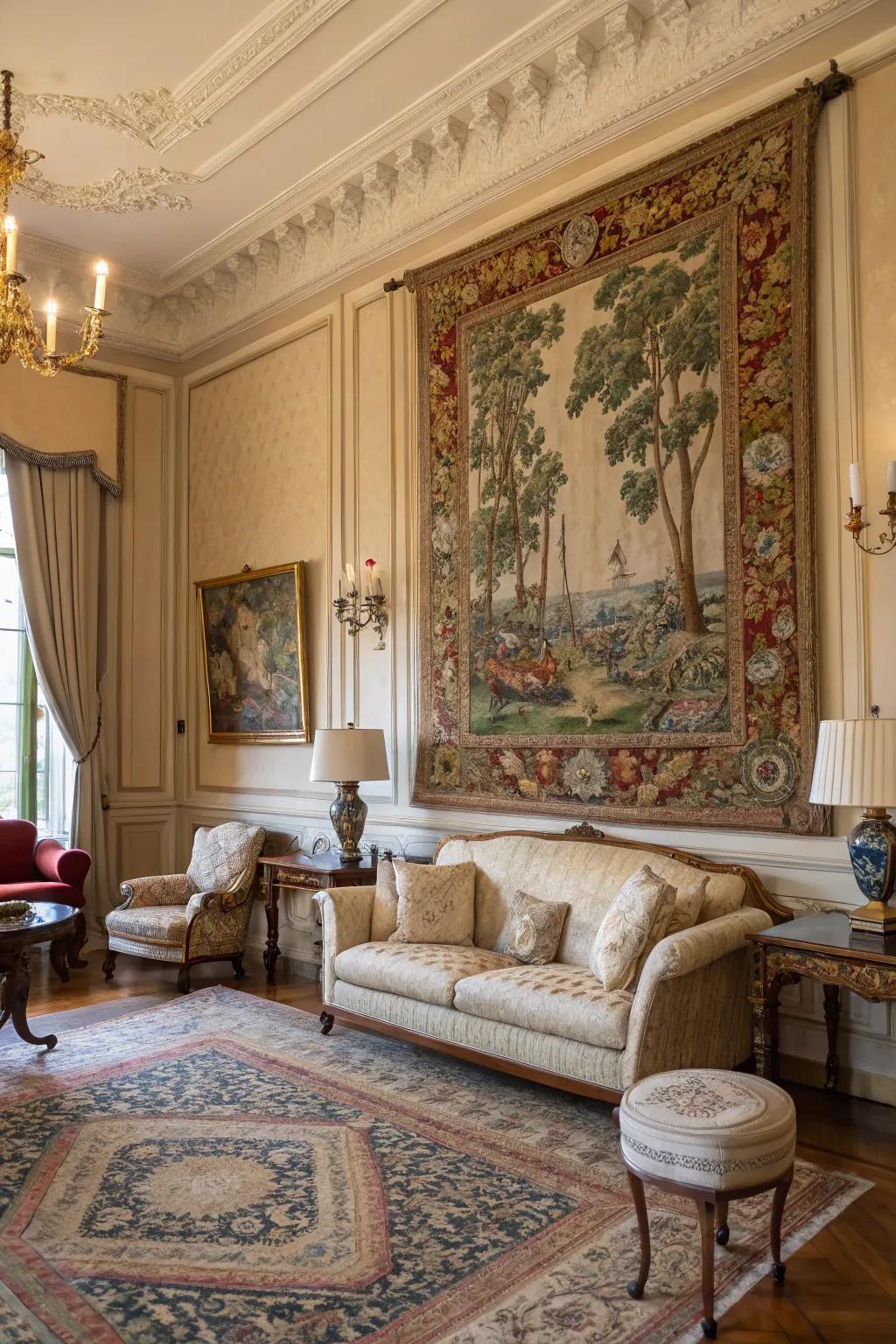 A decorative tapestry adds texture and historical charm to the space.