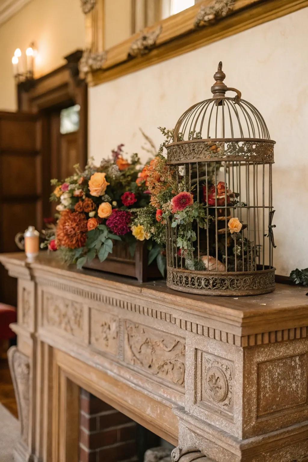 An antique birdcage adds whimsy and charm to this vintage mantel.