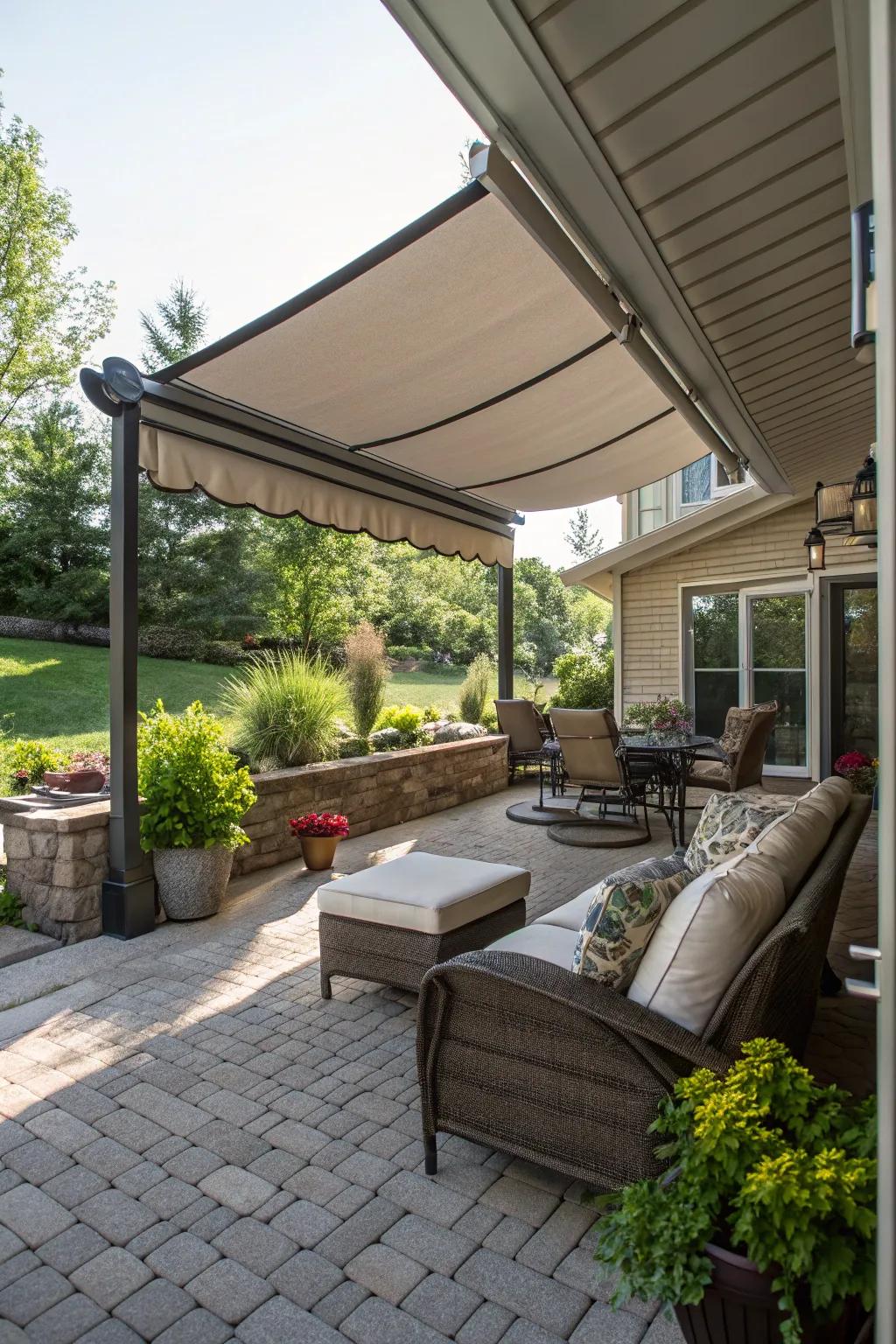 A retractable awning providing versatile shade on a patio.