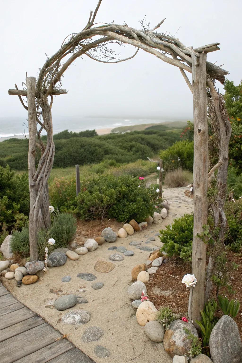 Driftwood arches usher in a hint of coastal allure to garden environments.