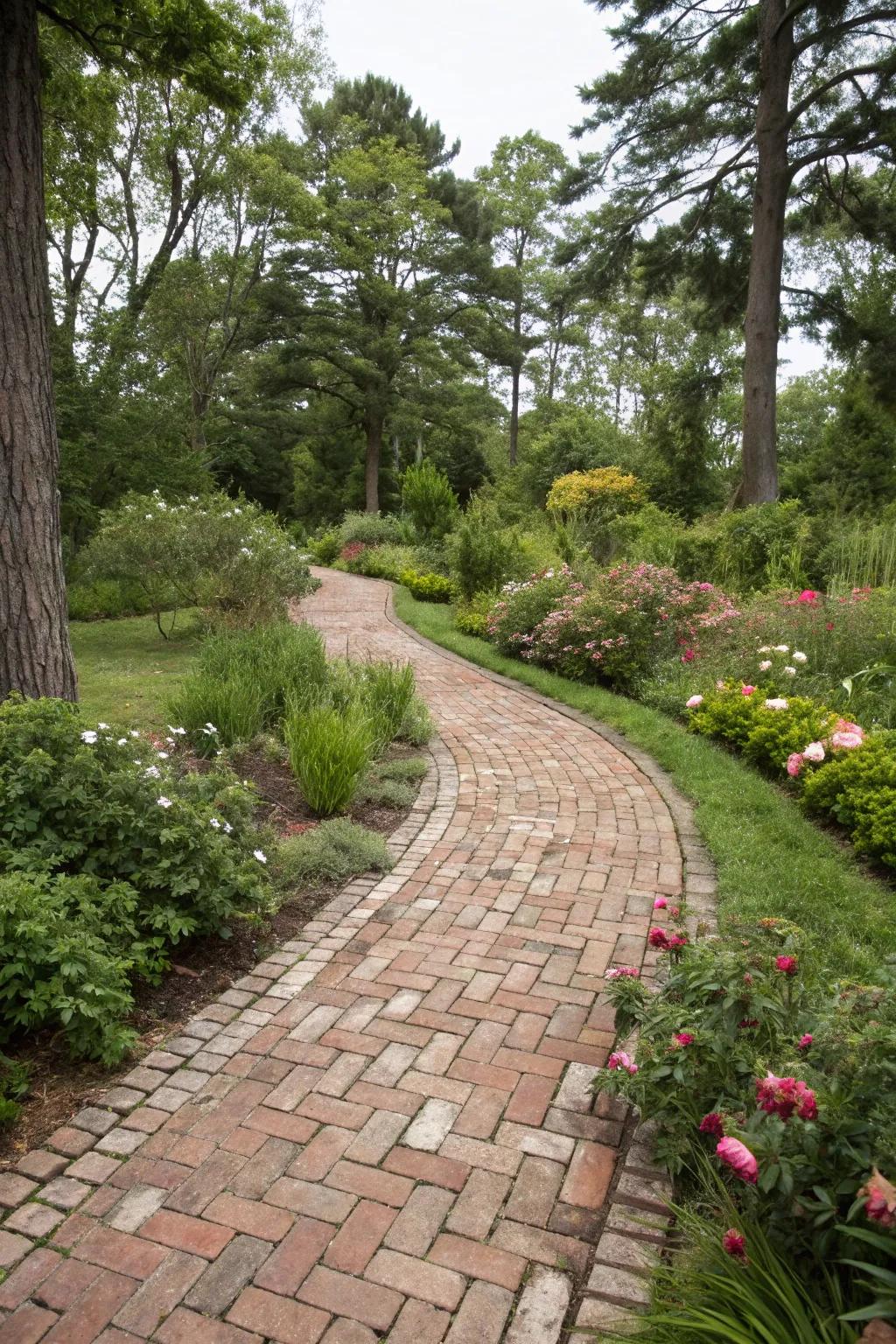A sustainable walkway crafted from recycled bricks, adding character to the garden.