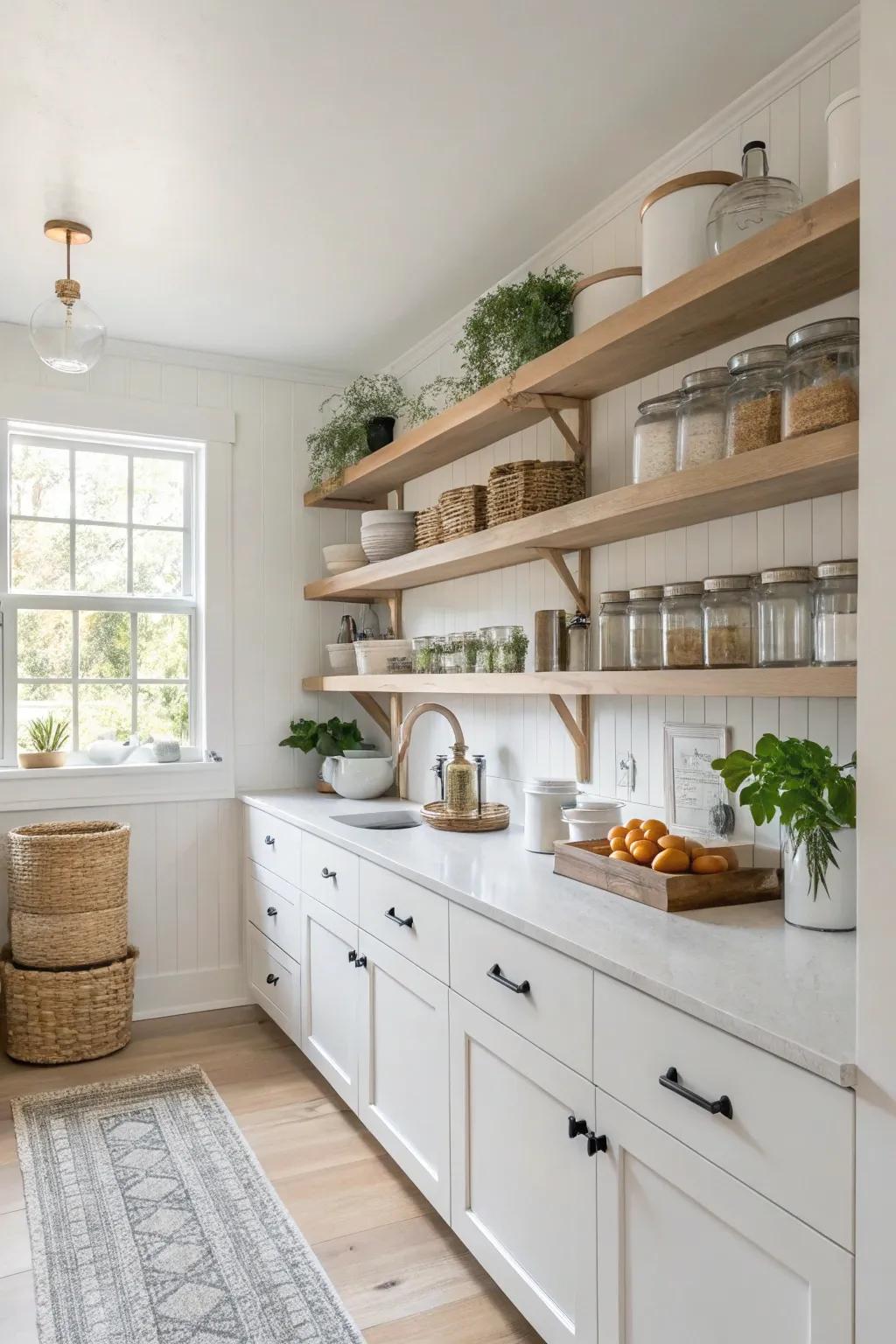 Suspension shelves crafting an airy pantry.