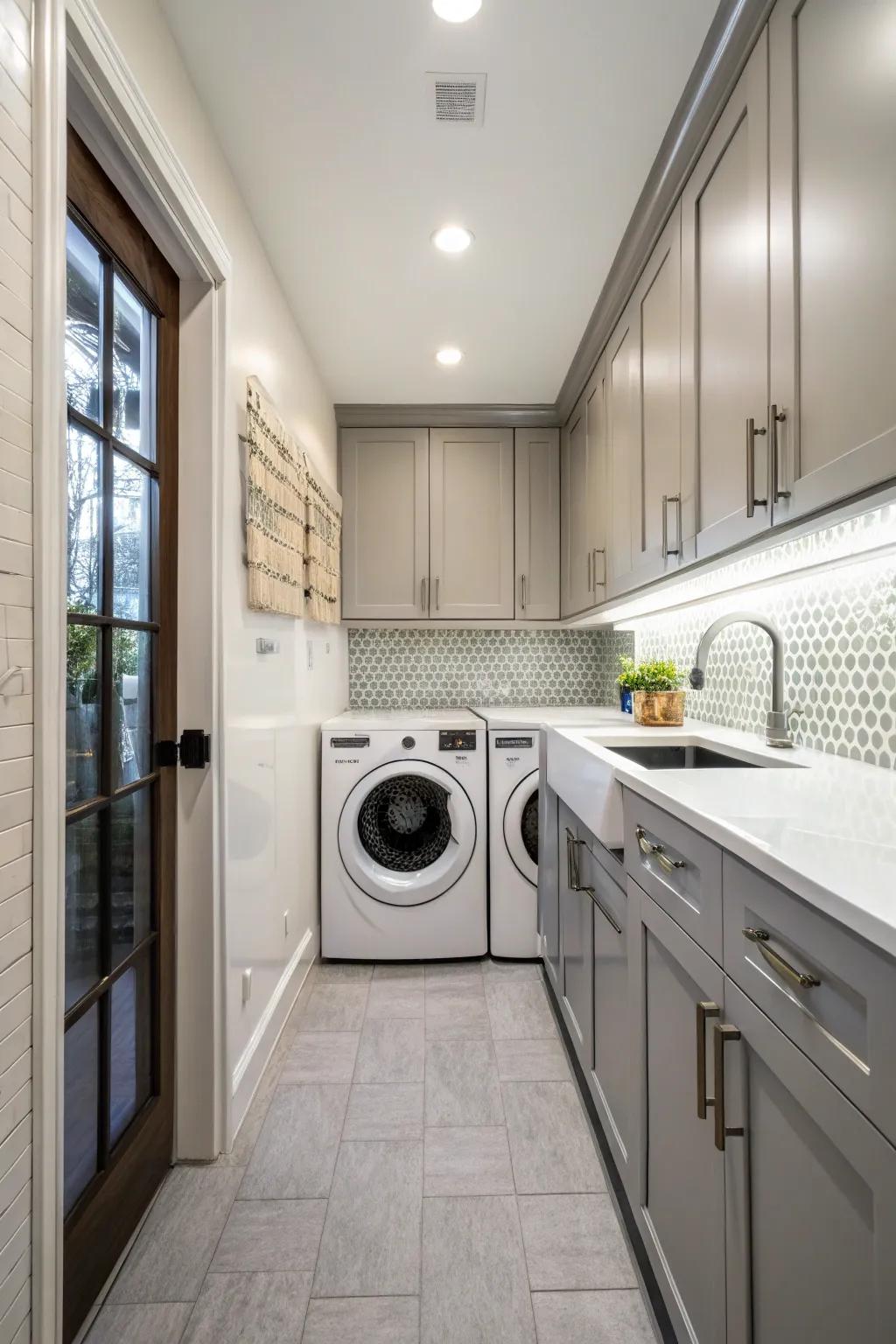 A galley layout optimizes space for a washer and dryer in the kitchen.