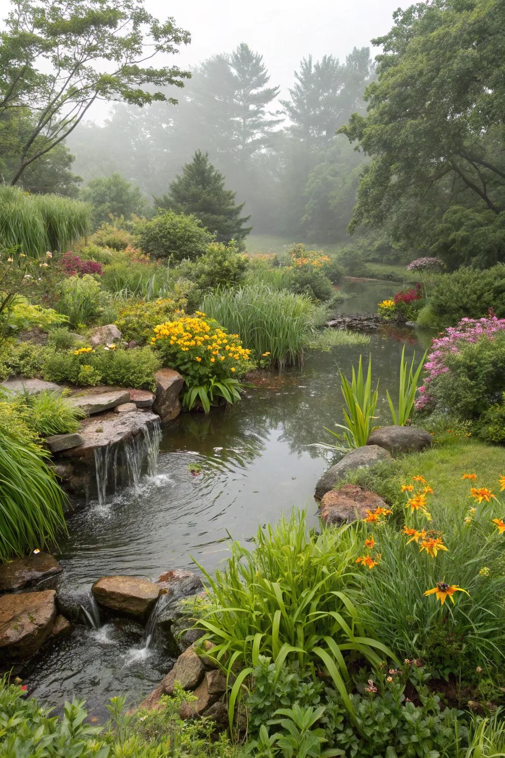 Rain gardens manage runoff while enhancing beauty.