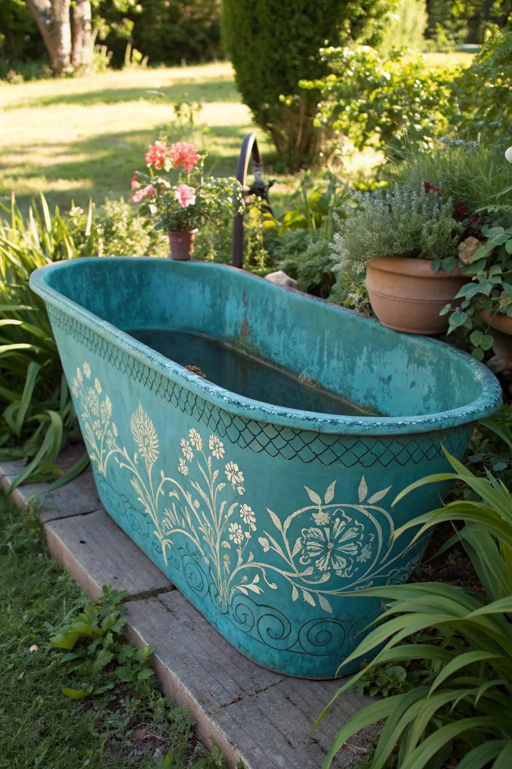 Transform your garden with a splash of color and craftsmanship: a vintage trough turned into a teal masterpiece.