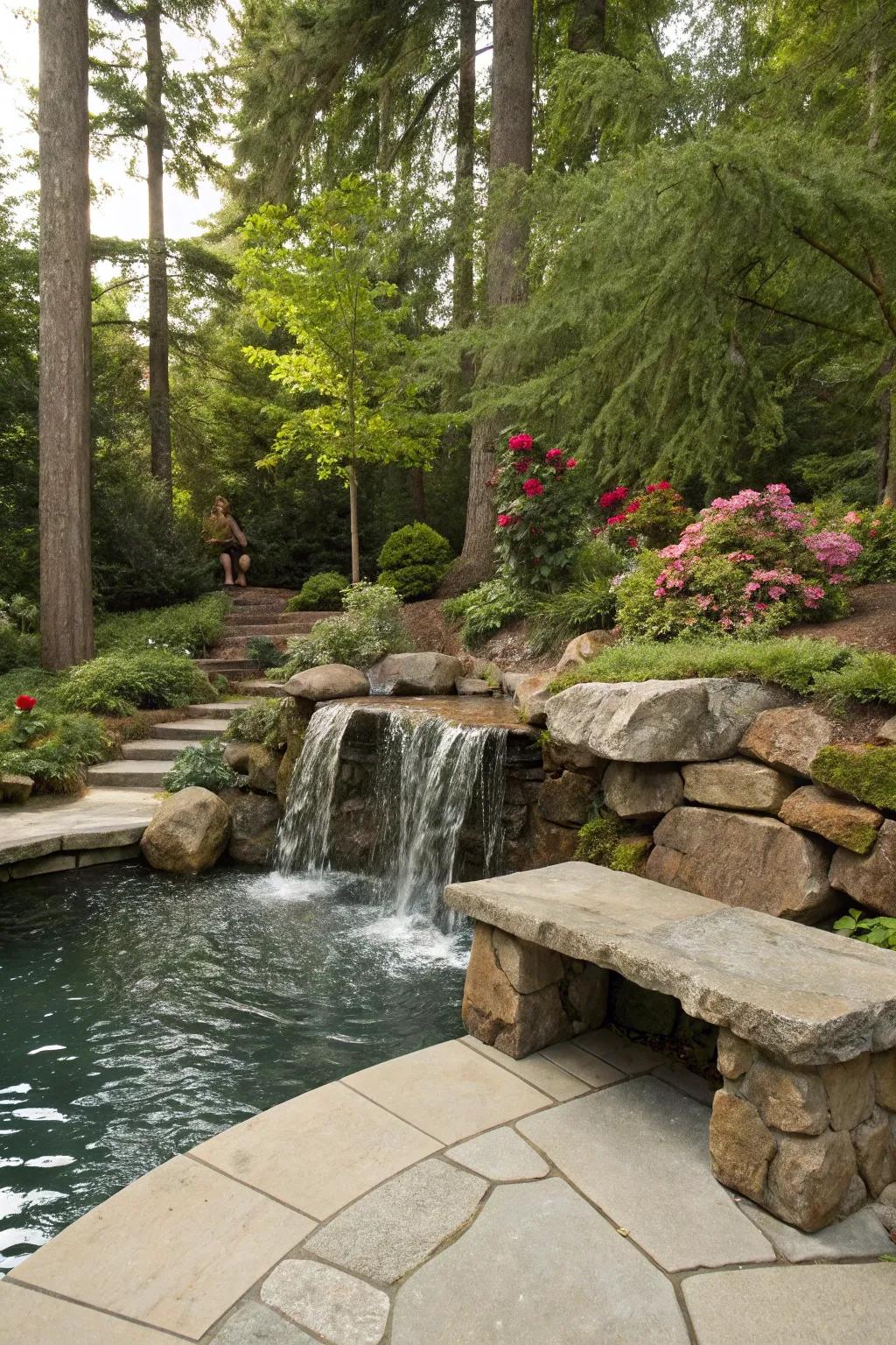 A snug seating space woven into a garden cascade's stone design.