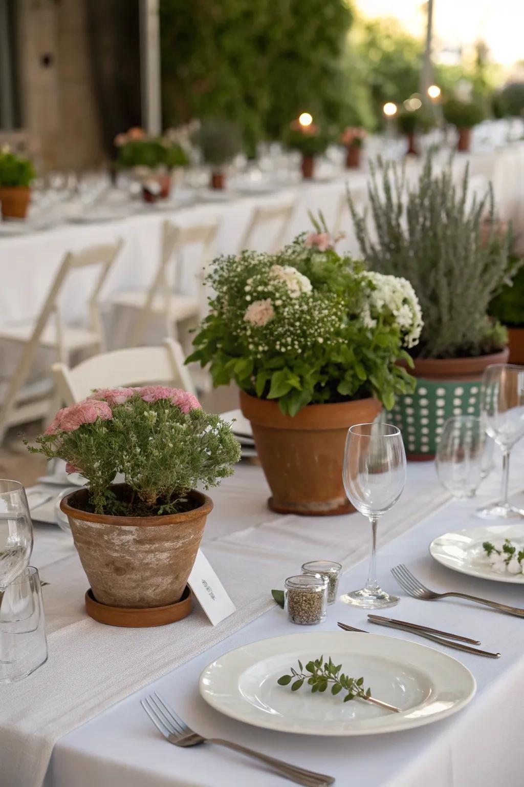 Eco-conscious potted flora as wedding centerpieces