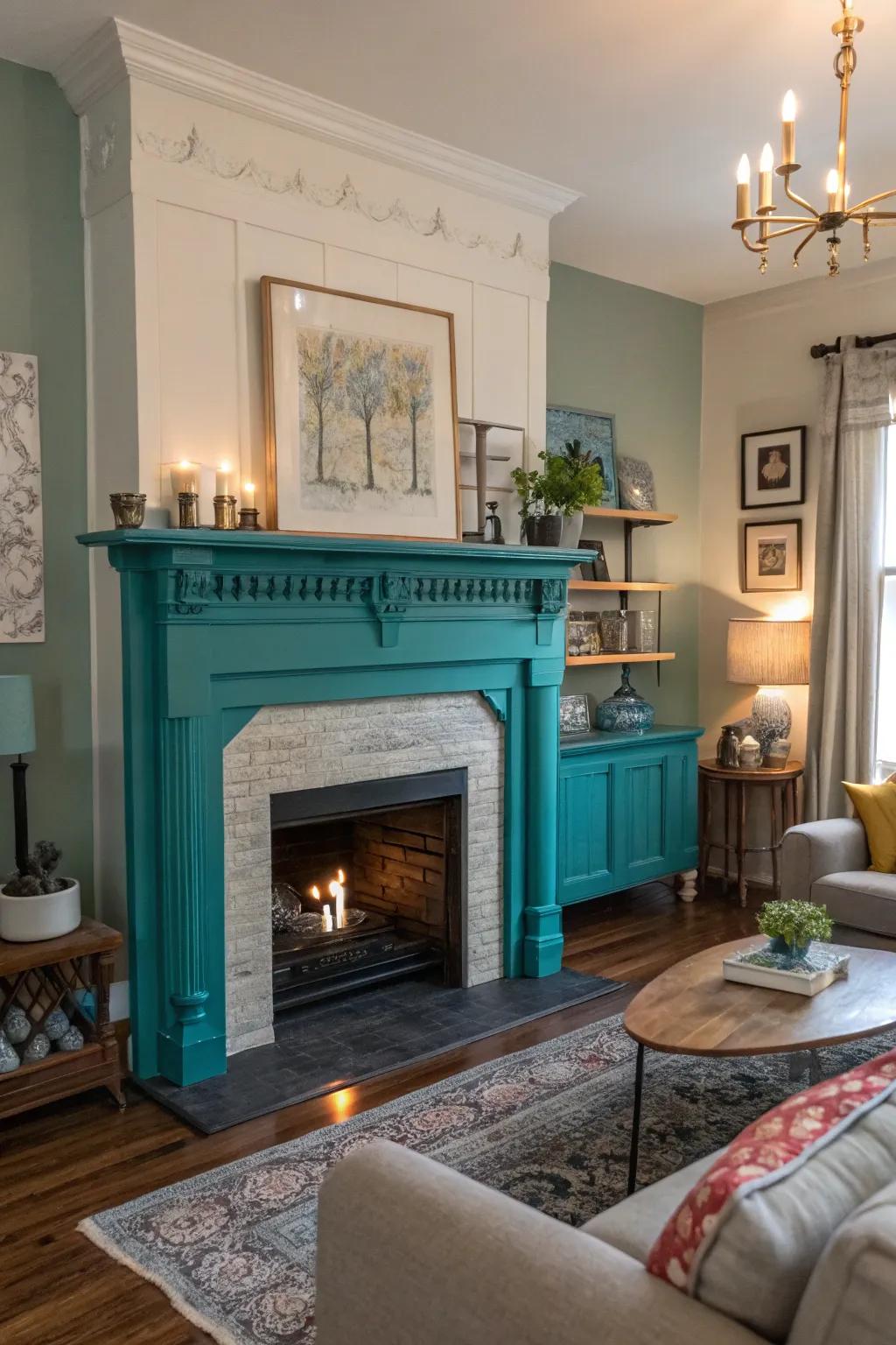 A teal fireplace becomes a moody focal point in this artistic living space.