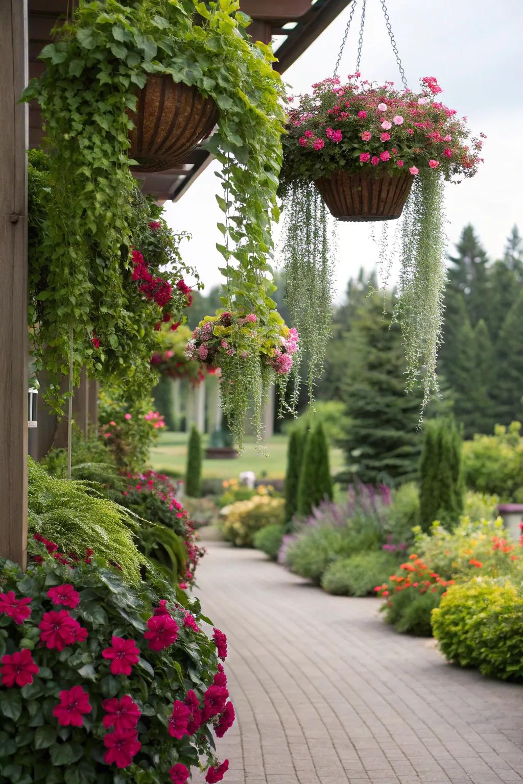 Suspended gardens integrate vertical intrigue and lush verdure.